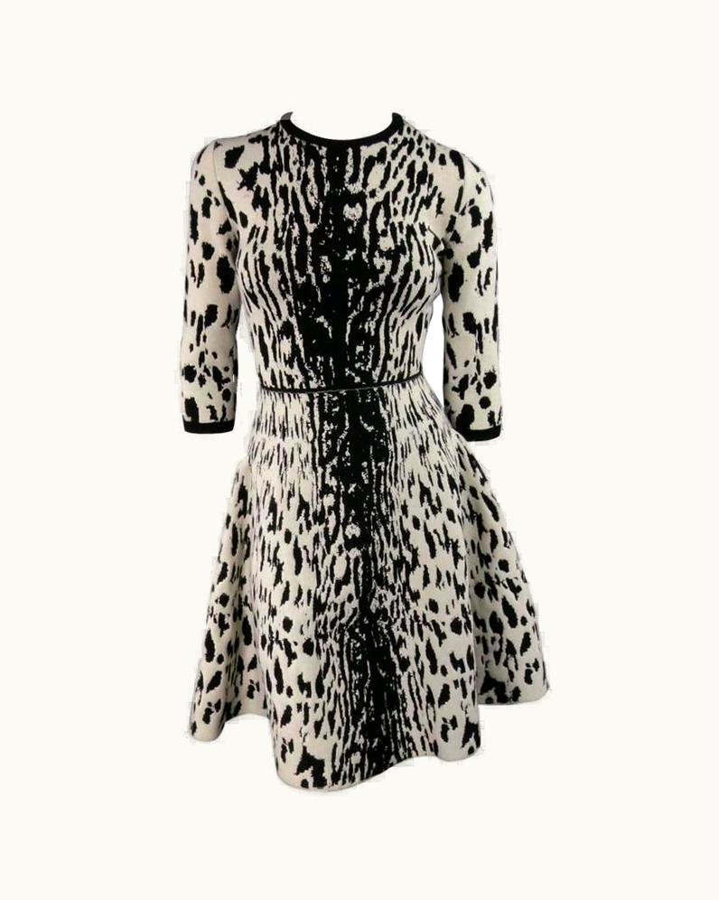 Lanvin Beige And Black Cheetah Wool Blend Stretch Knit Flare Skirt Dress