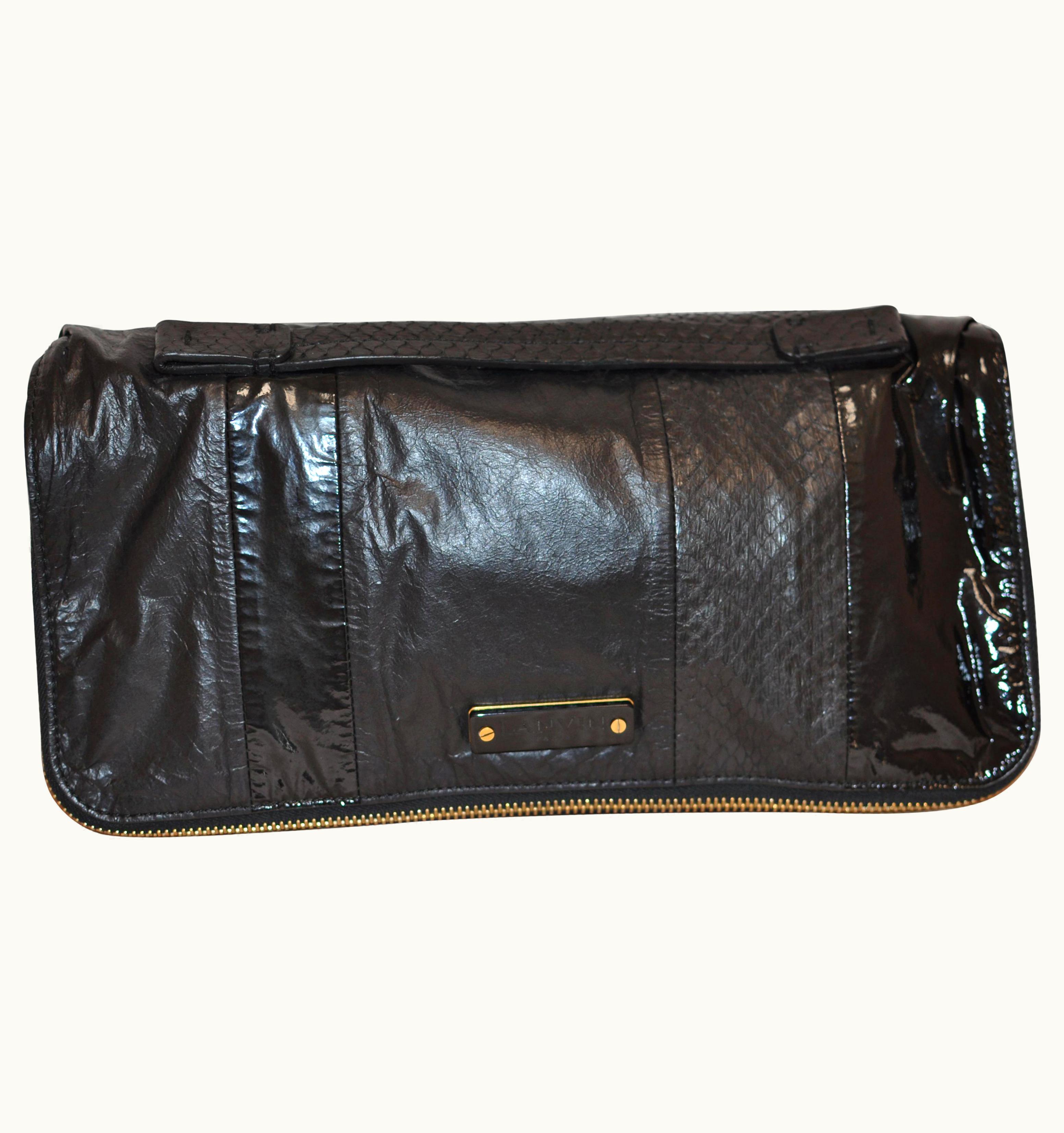 Lanvin Black Patent Leather And Reptile Foldover Handbag 41402, Circa 2015 UZ0614876