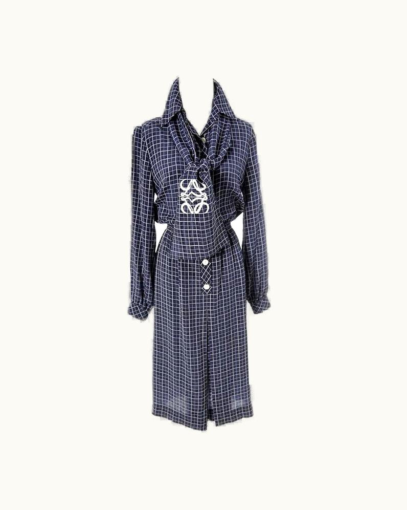Loewe Spain Vintage Dress And Scarf 1970s Navy Blue And White