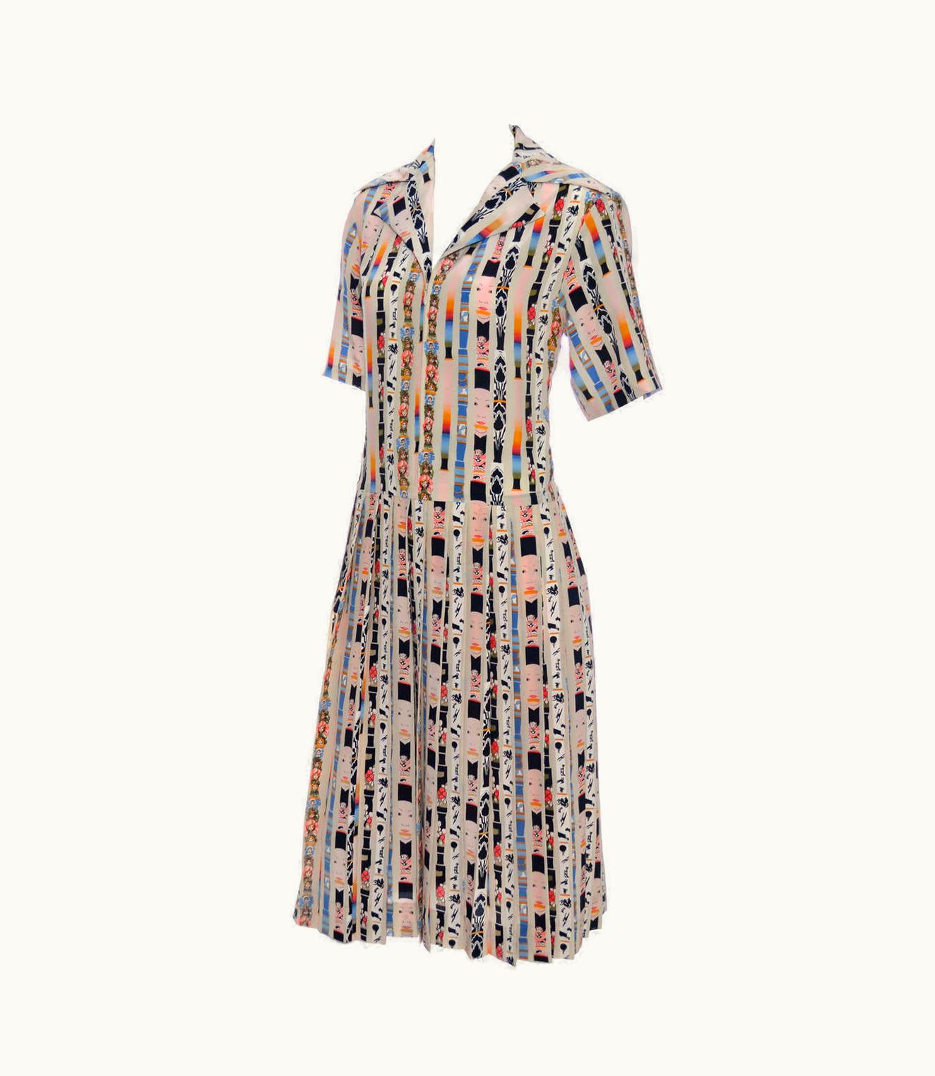 Loewe 1970s Vintage Dress Loewe Spain Novelty Print Silk Doll Faces Drop Waist