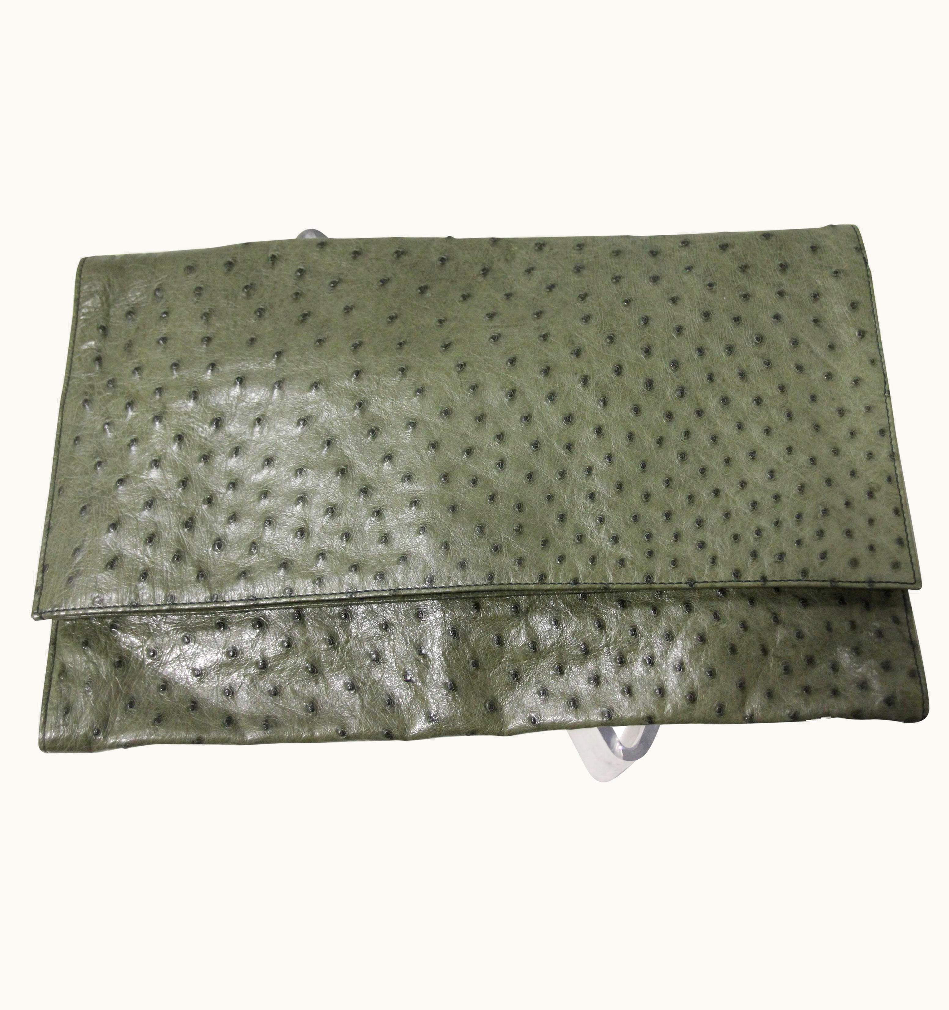 Loewe Moss Green Ostrich Leather Envelope Clutch, 1970s