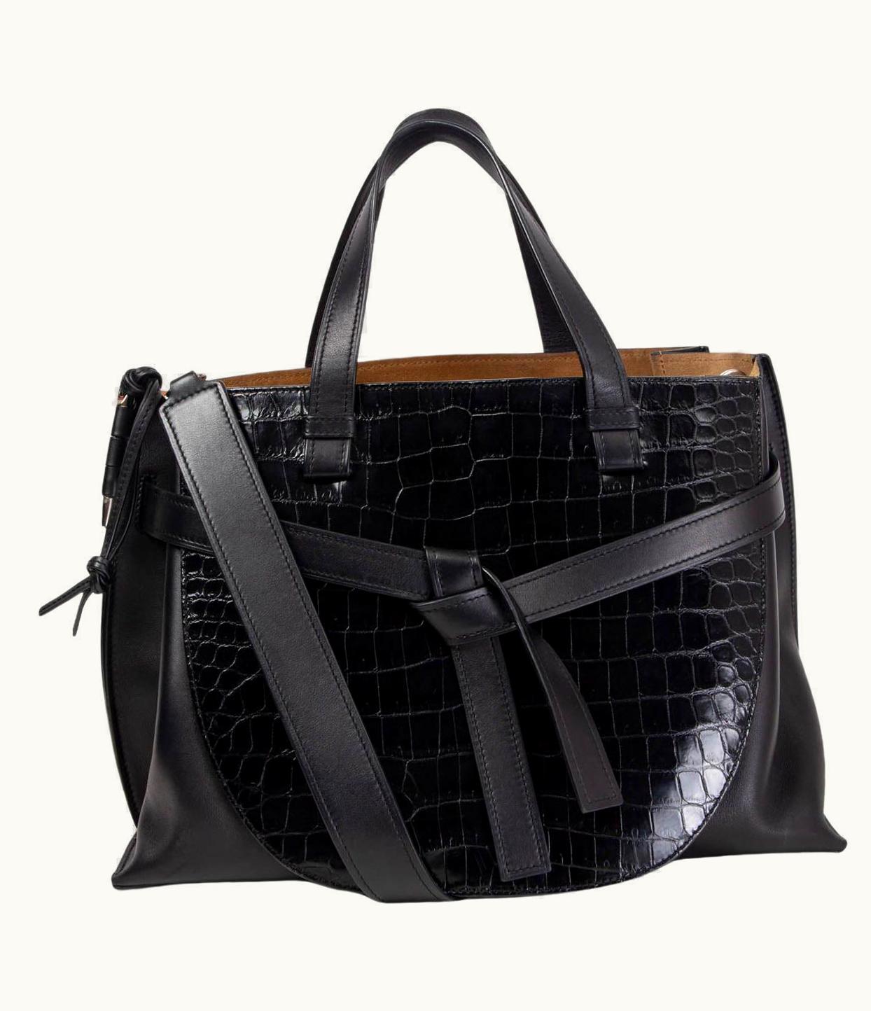 Loewe Black Leather & Crocodile Gate Top Handle Tote Bag