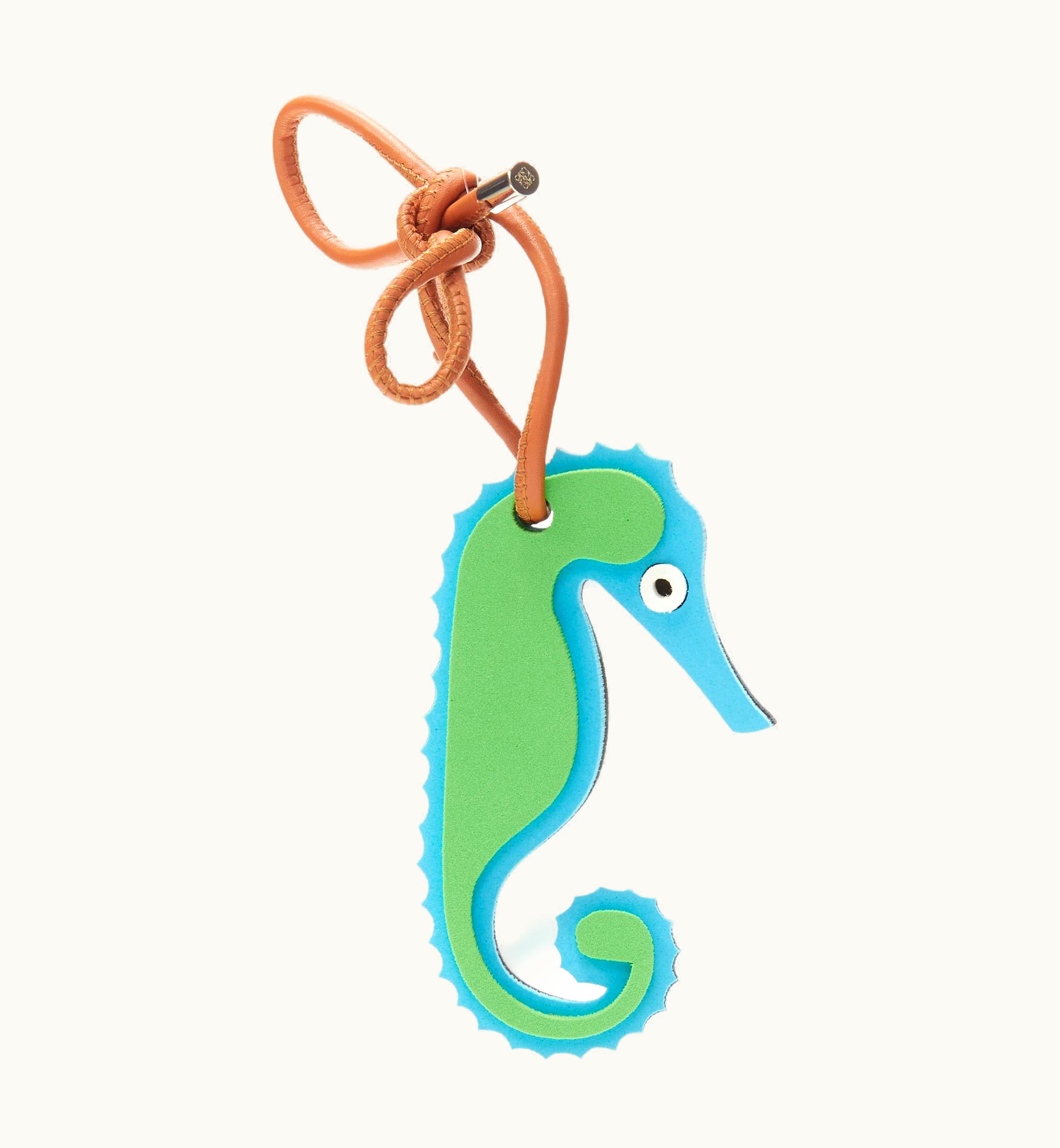 Loewe Grene Blue Seahorse Foam Brown Leather Cord Bag Charm