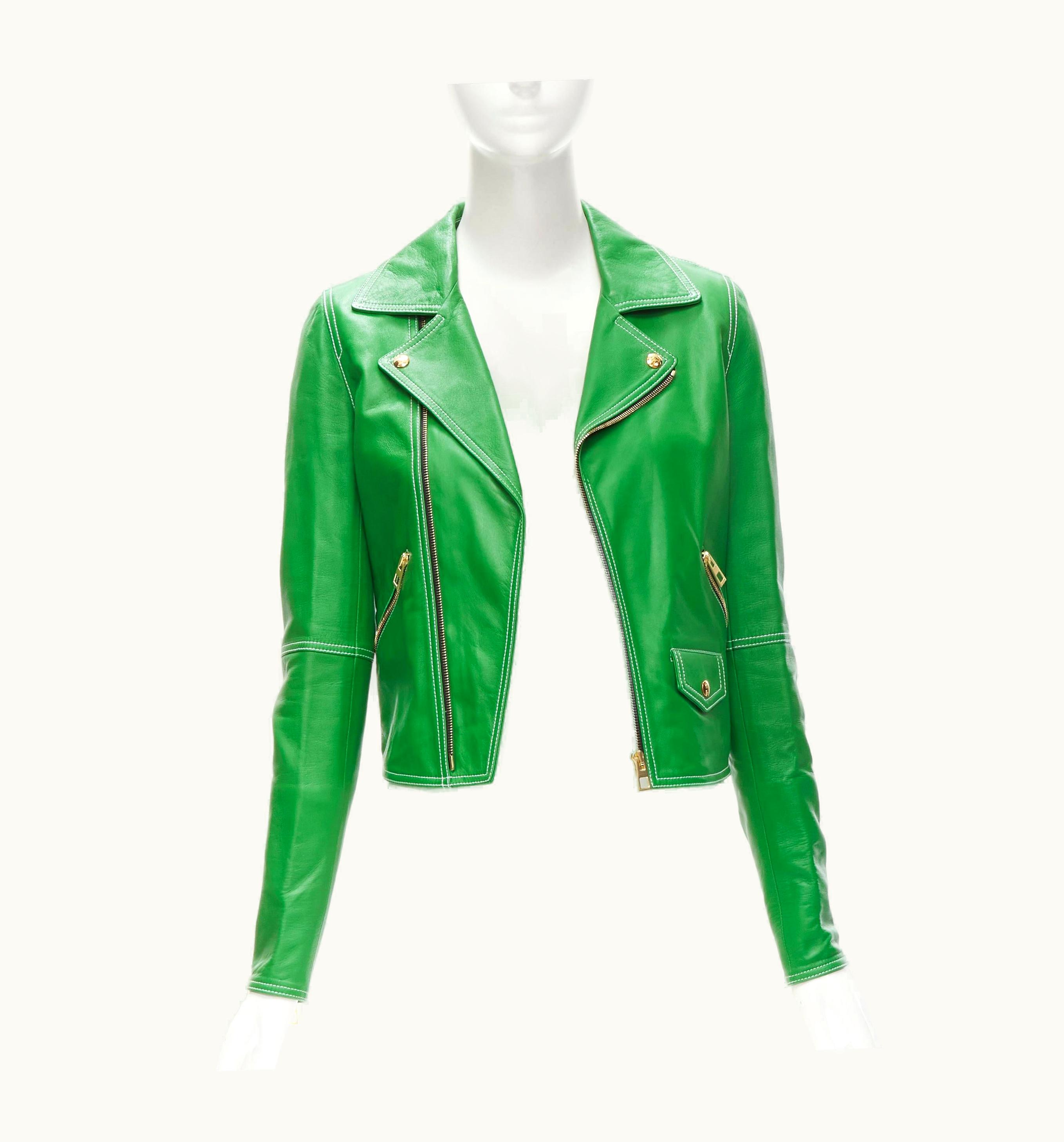 Loewe Jw Anderson Kelly Green Leather Moto Biker Jacket