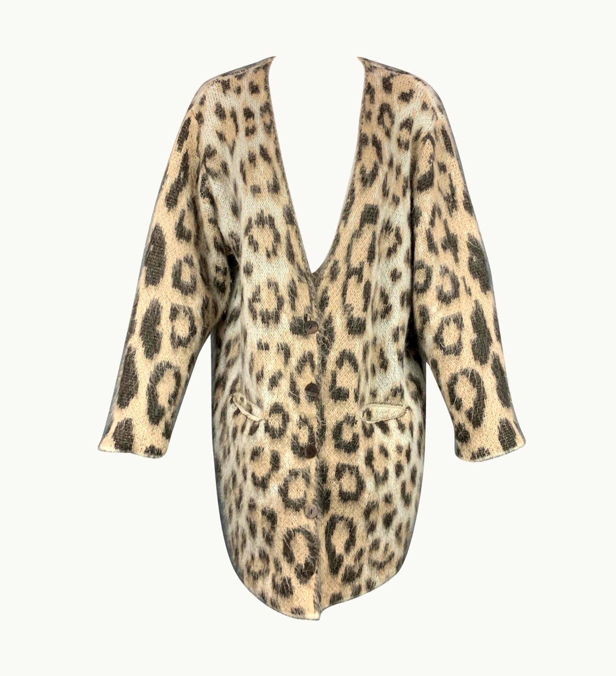 Loewe Taupe Mohair Blend Leopard Print Long Cardigan