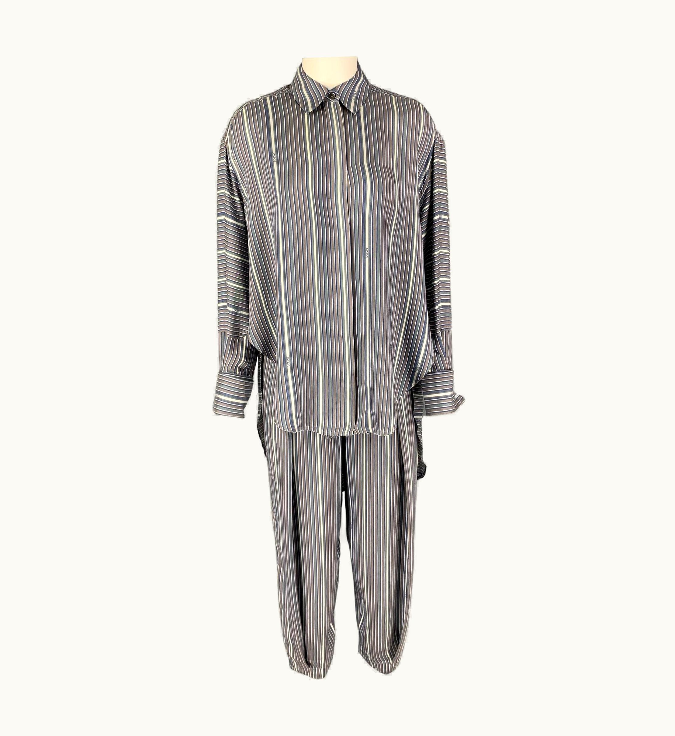 Loewe Grey White Blue Silk Stripe Asymmetrical Set