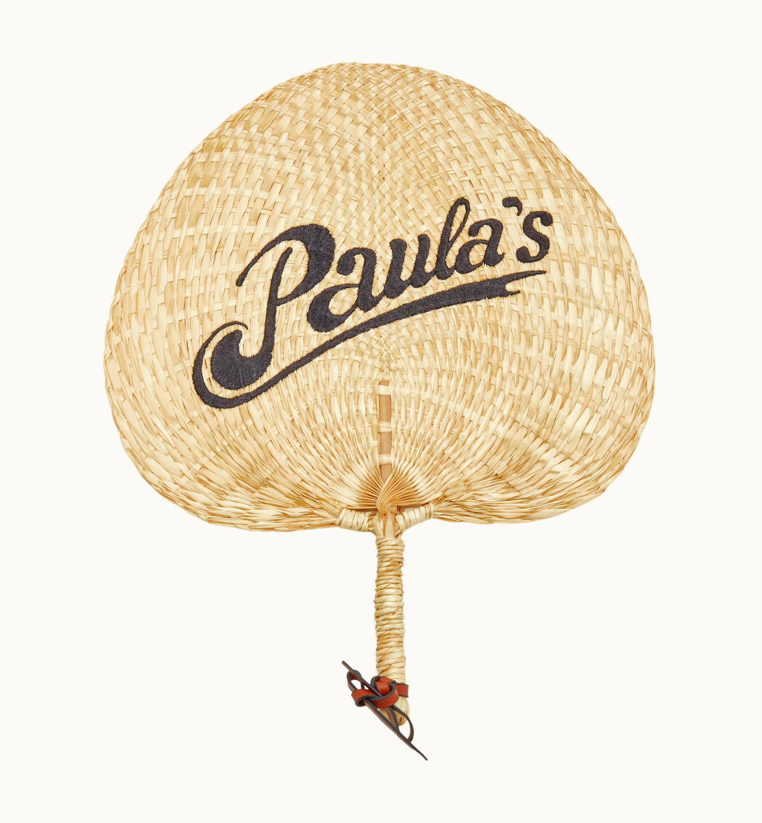 Loewe Paula' Black Embroidery Rattan Raffia Brown Leather Tie Hand Fan