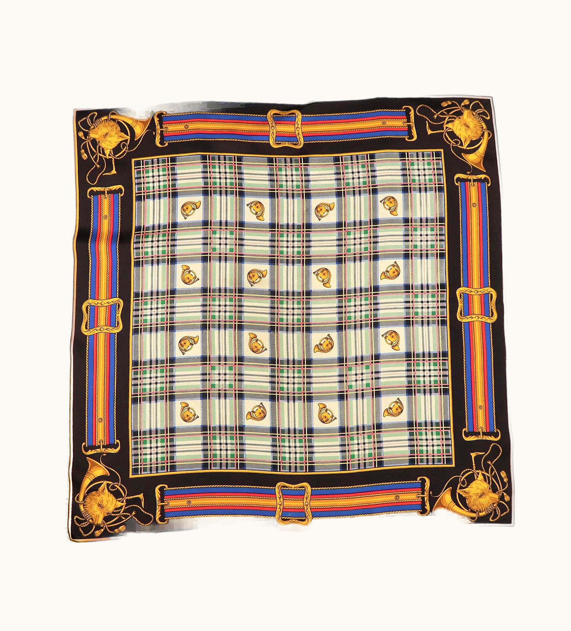 Loewe Pastel Yellow Multi Color Plaid Fox Horn Print Silk Scarf