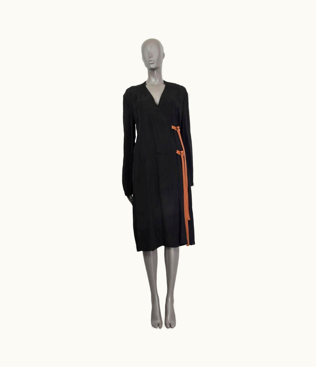 Loewe Black Viscose Leather Strap Long Sleeve Wrap Dress