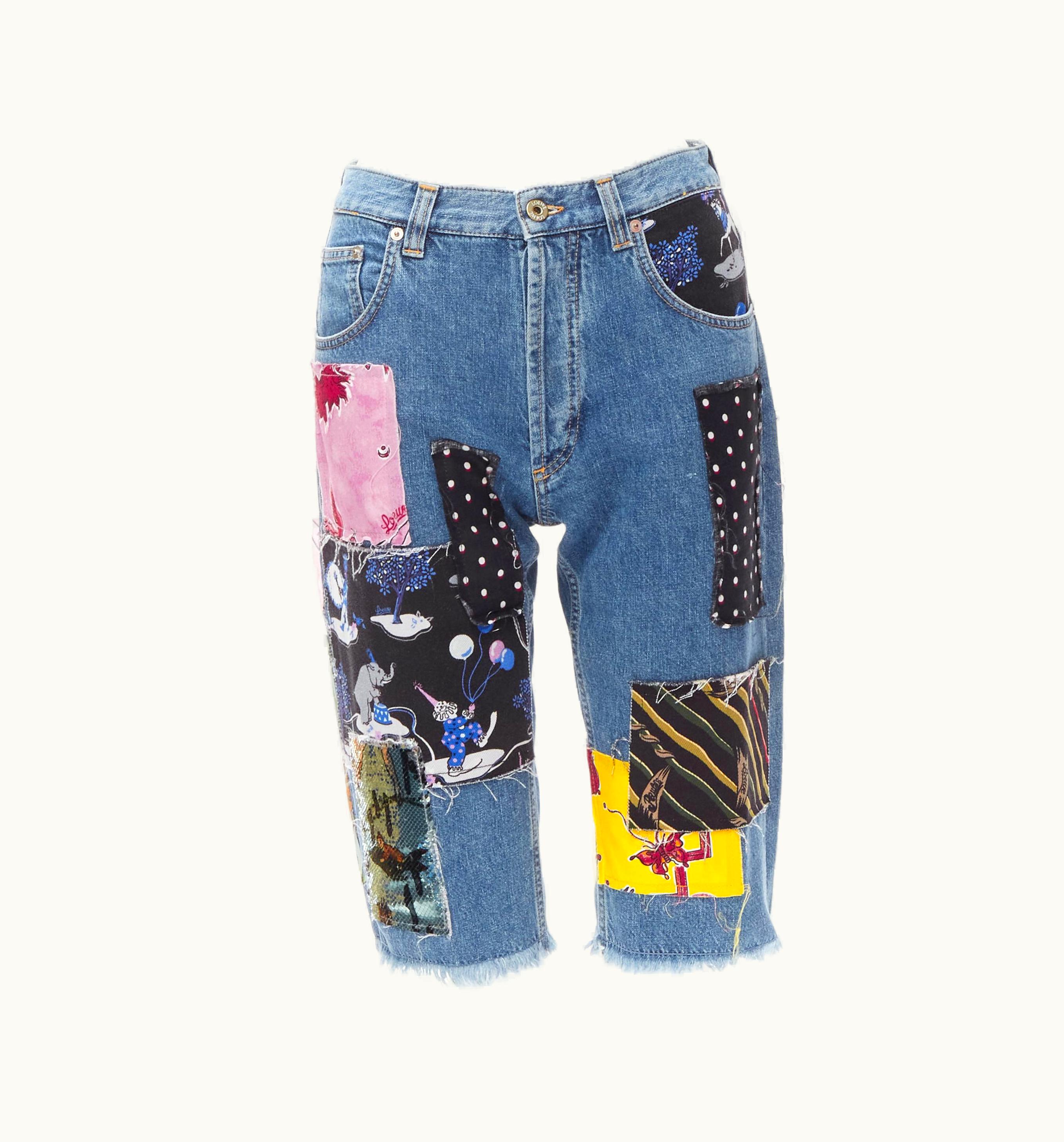 Loewe Paula' Ibiza Blue Denim Mixed Sequins Patchwork Cut Off Shorts