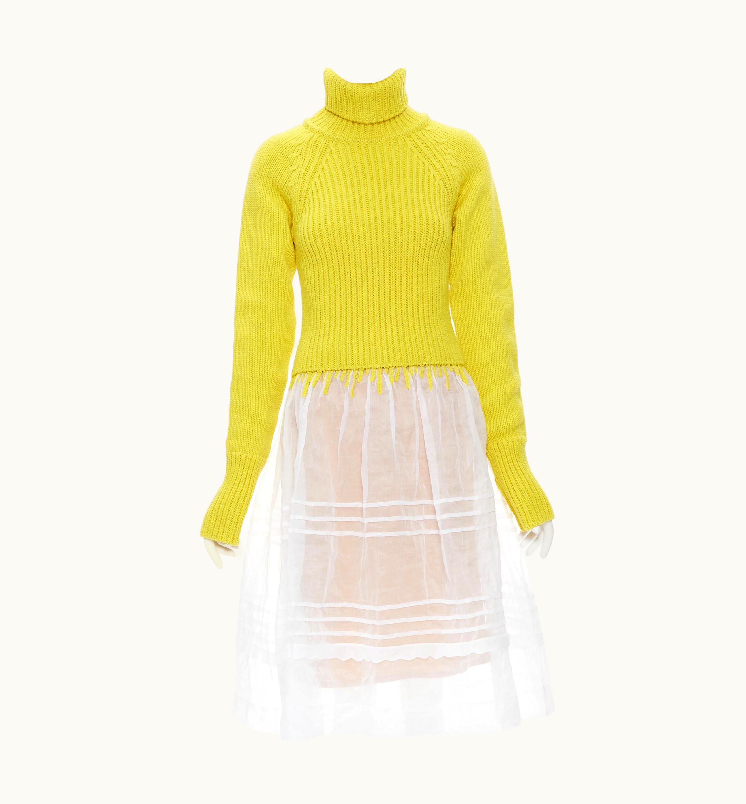 Loewe Yellow Wool Chunky Knit Turtleneck Sweater Sheer Skirt Dress