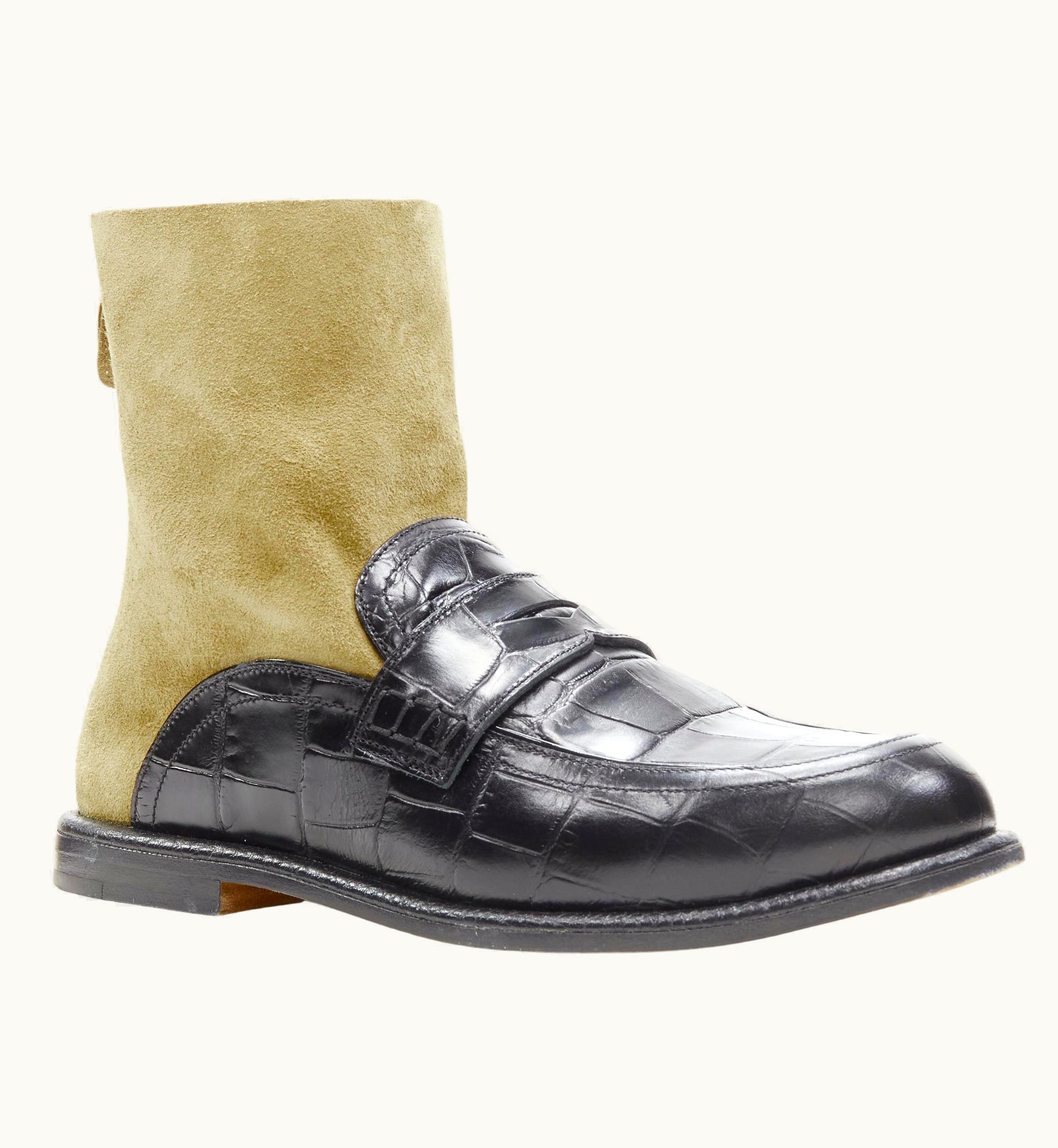 Loewe Black Croc Embossed Leather Brown Suede Sock Loafer Boot