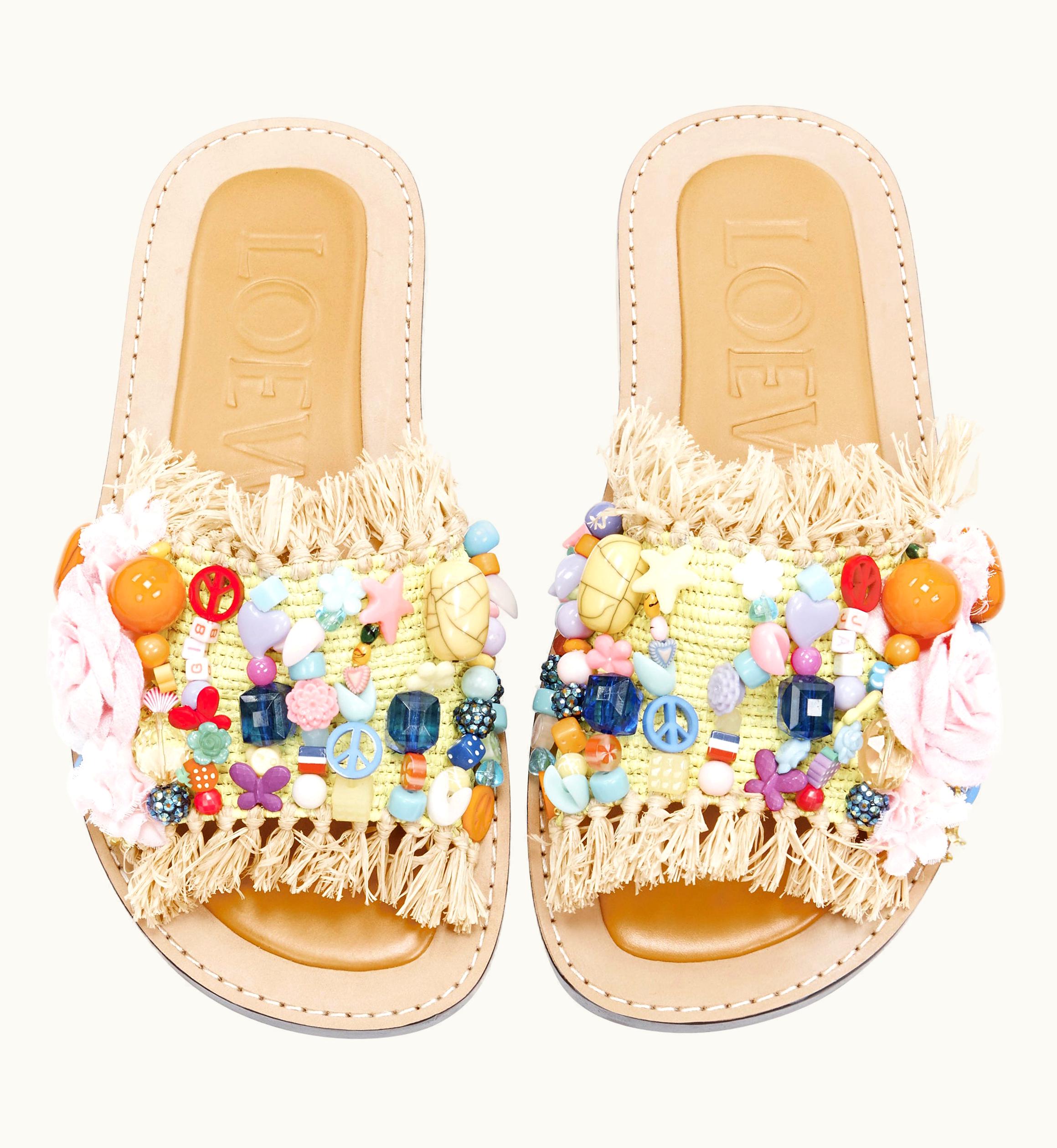 Loewe Runway Mixed Bead Embellished Yellow Fringe Raffia Flats Sandals
