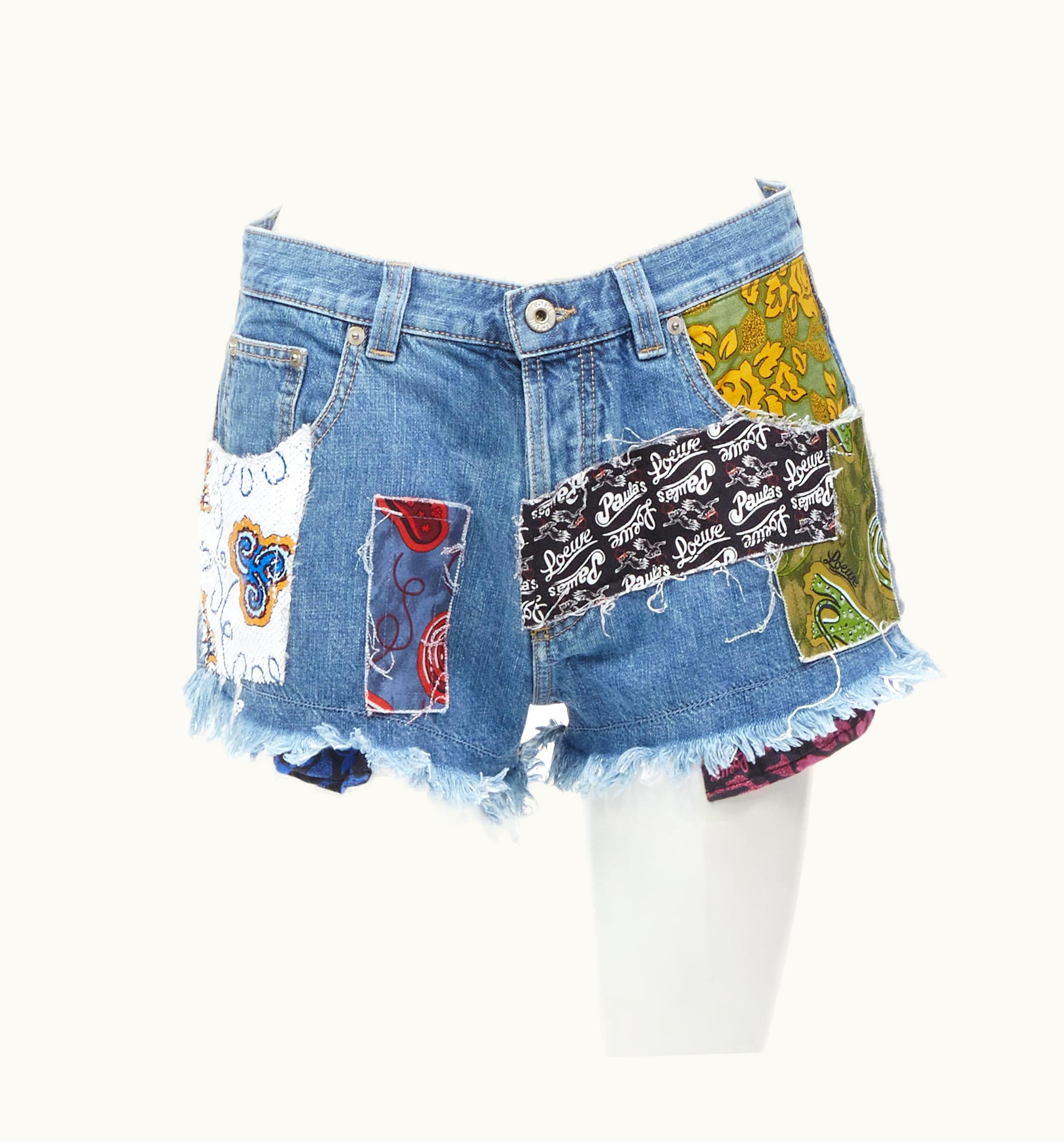 Loewe Paula' Ibiza Blue Denim Sequnis Patchwork Cut Off Shorts