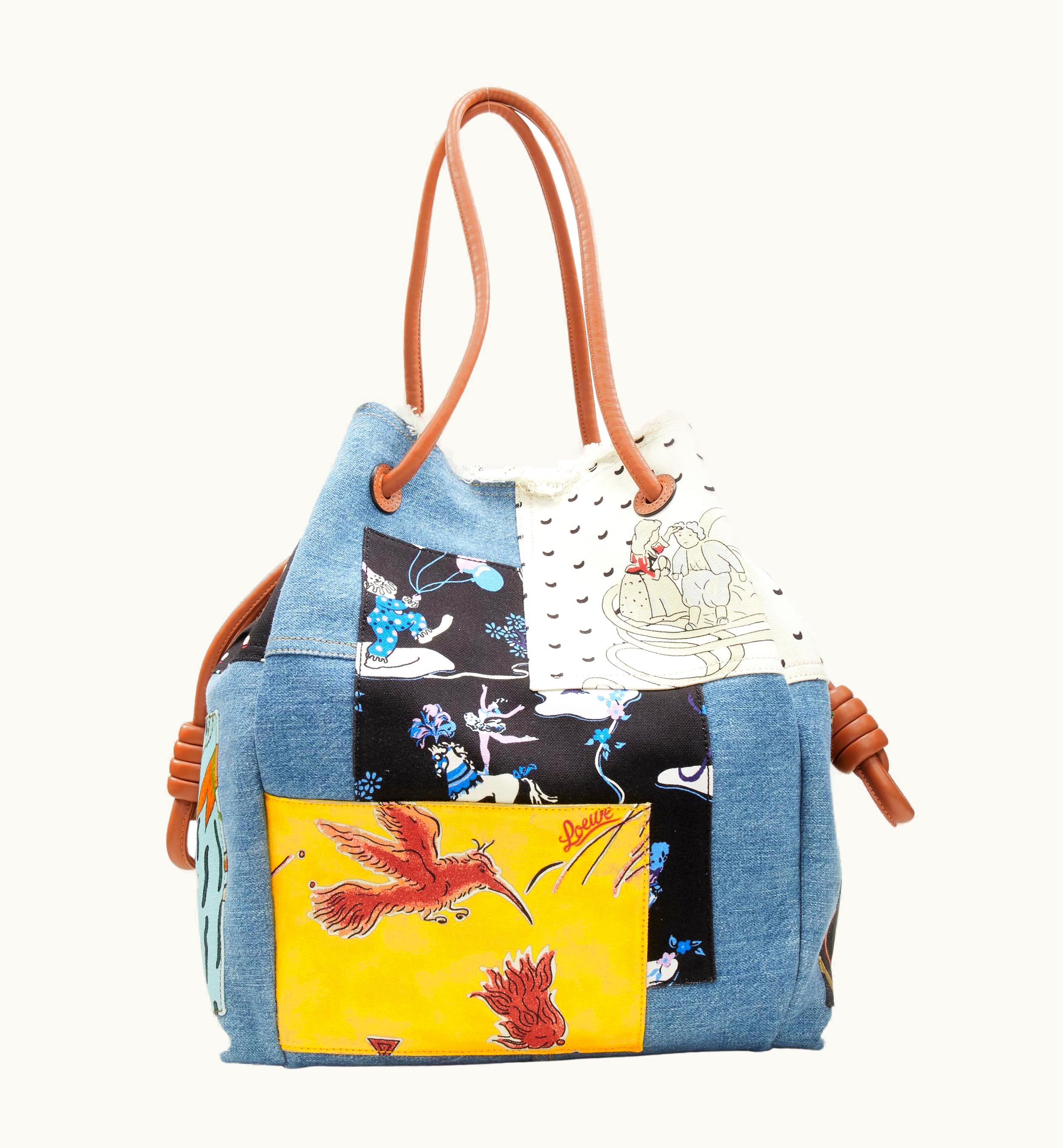 Loewe Rare Loewe Paulas Ibiza II Flamenco Knot Mixed Patchwork Denim Leather Tote Bag