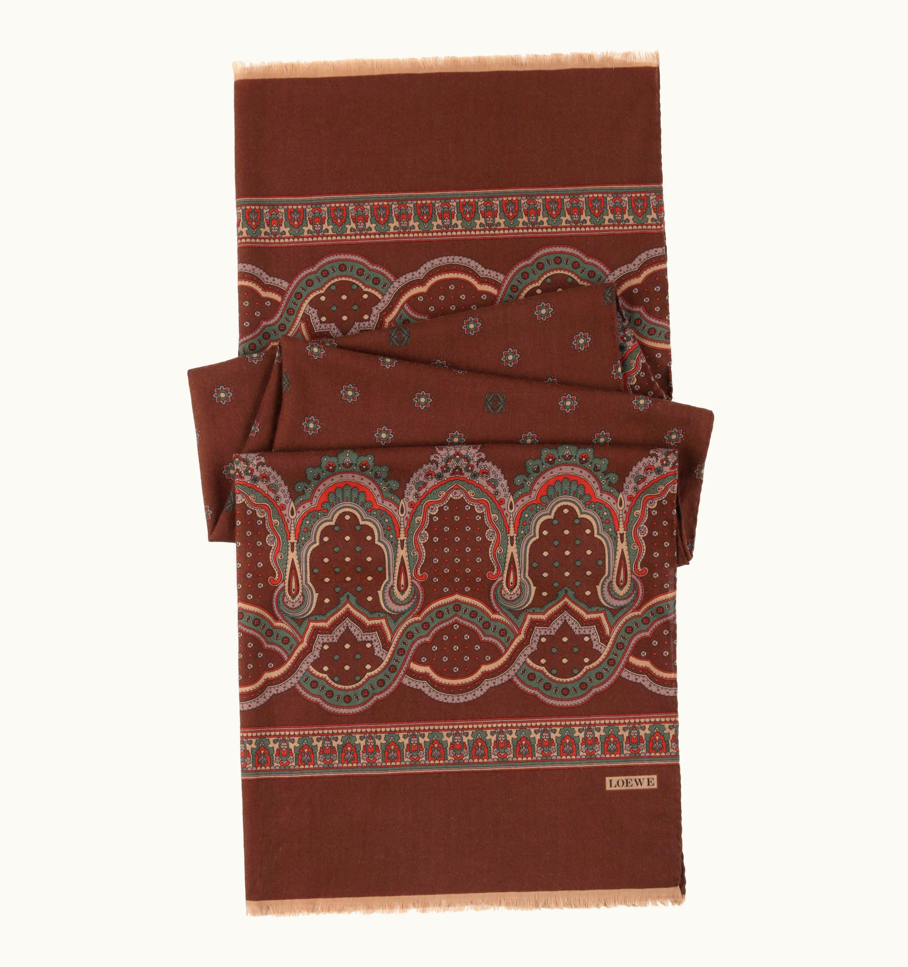 Loewe Brown Wool Silk Floral Paisley Fringe Oblong Scarf S/S Shawl