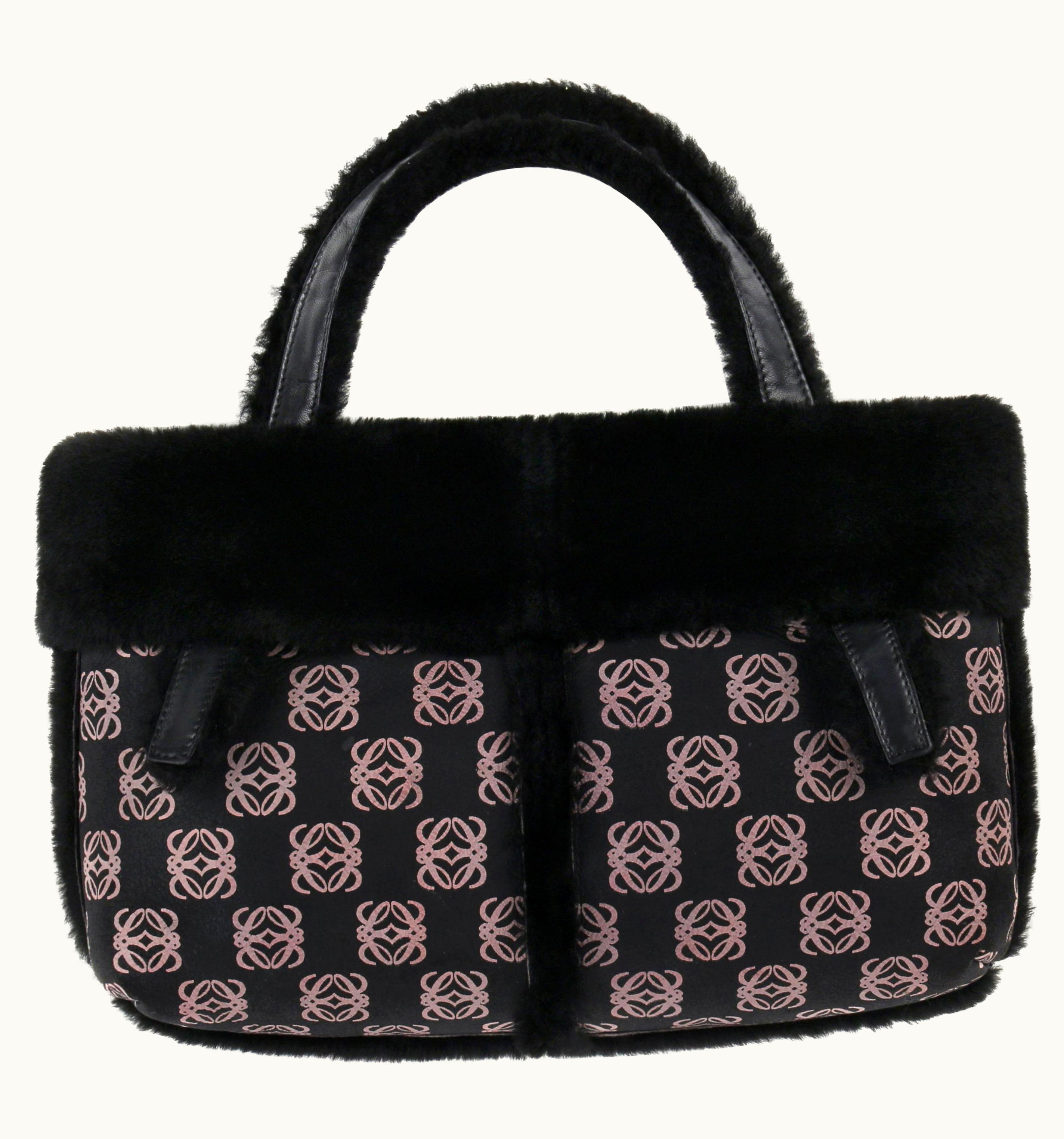 Loewe Black & Mauve Logo Print Lambskin Shearling Leather Tote Top Handle Bag