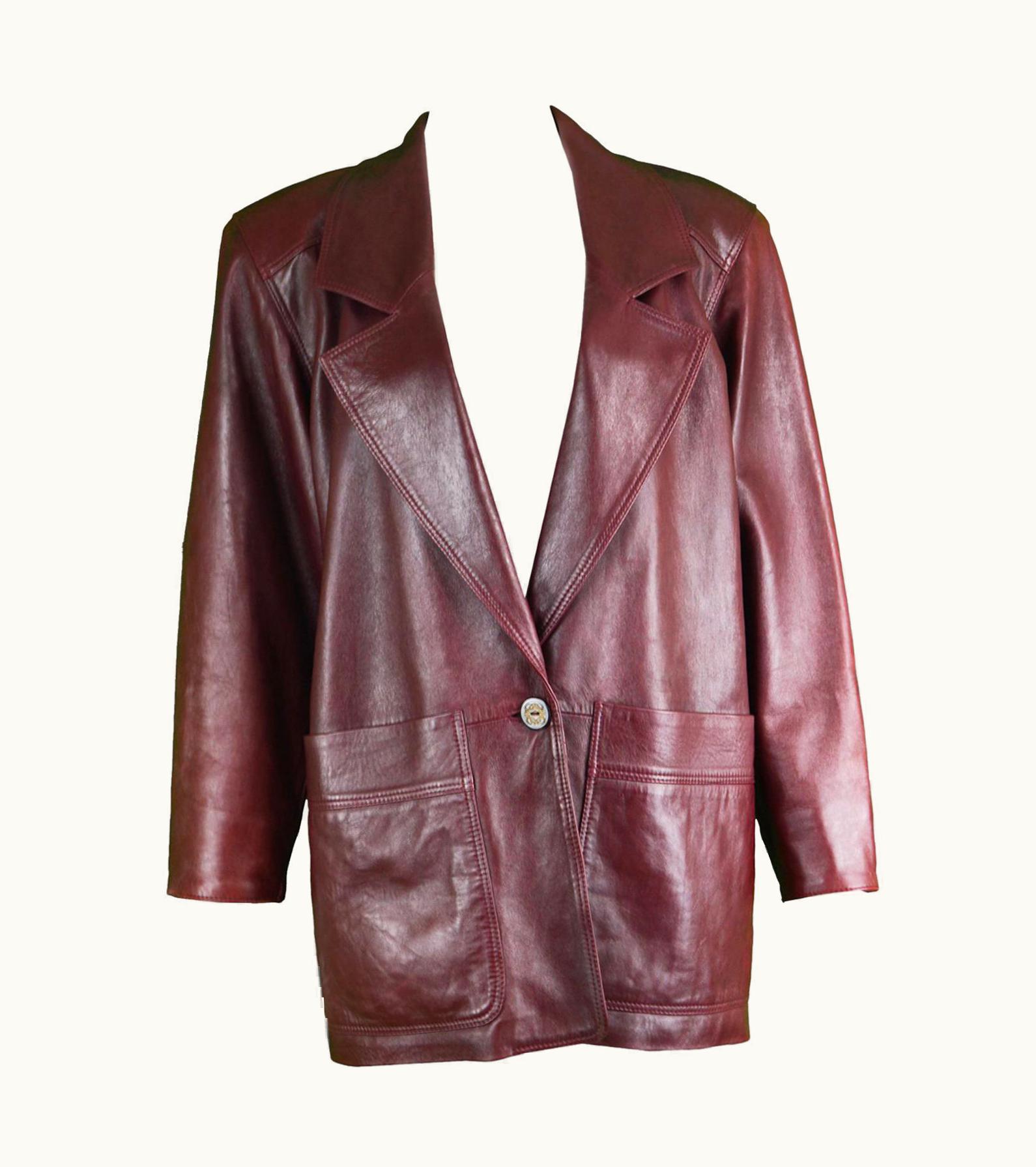 Loewe Vintage Womens 'Bordeaux Wine' Shoulder Padded Leather Jacket, 1980s