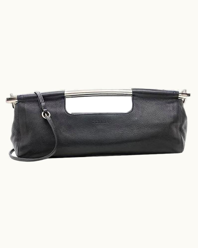 Prada Black Leather Metal Top Handle Bar 2 In 1 Clutch Shoulder Bag