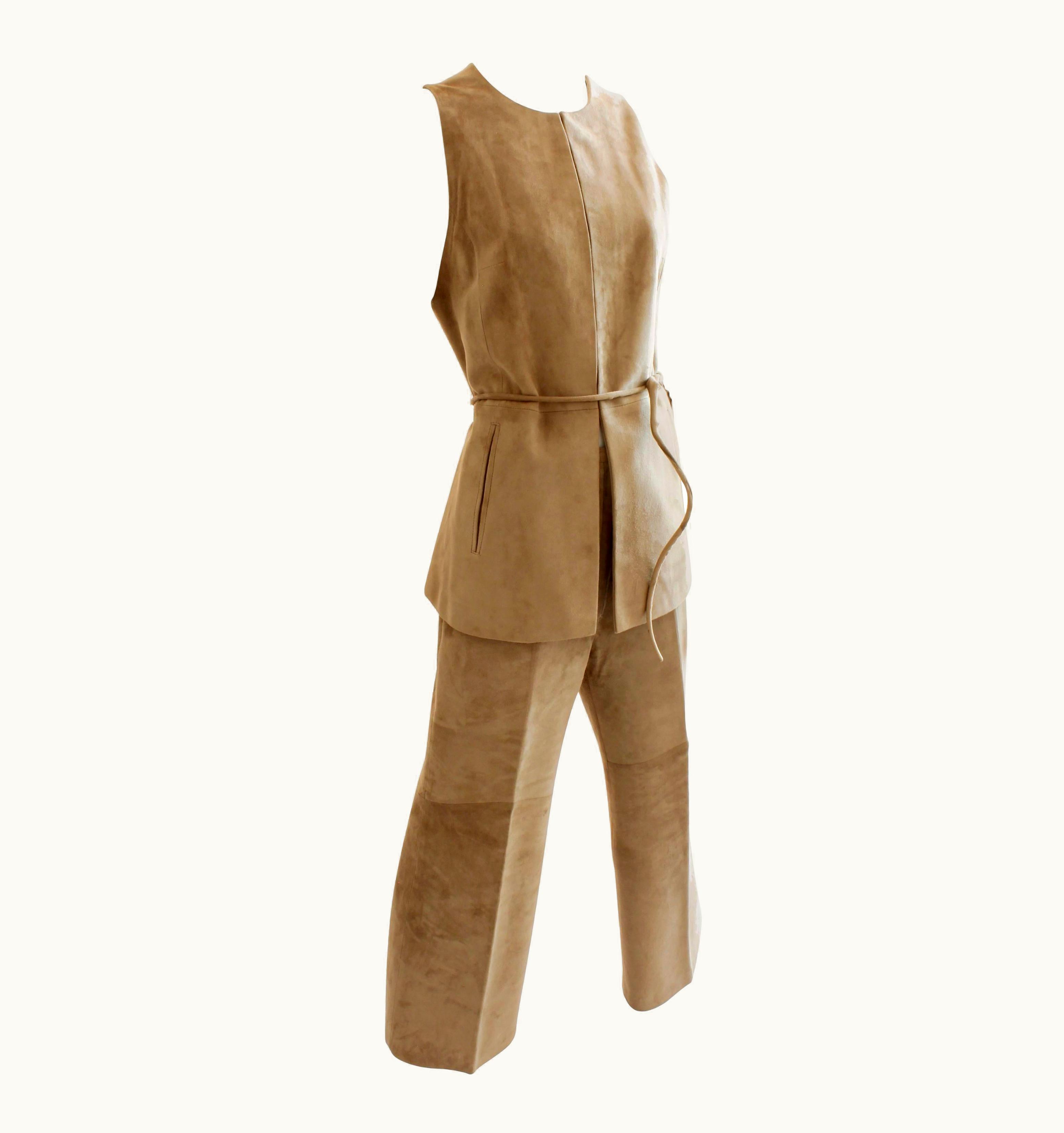 Loewe Madrid Camel Suede Leather Vest Pant And Belt Suit Set
