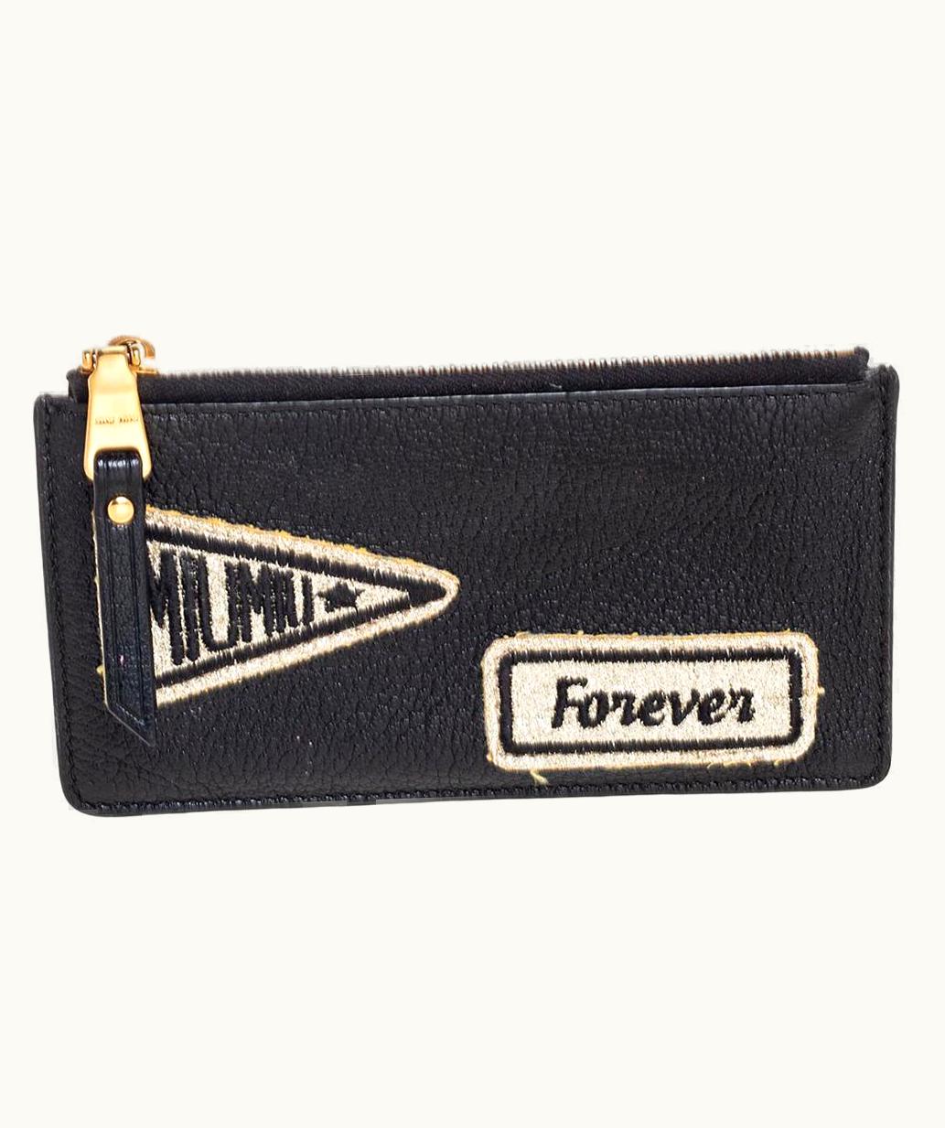 Miu Miu Black Leather Patch Zip Card Case