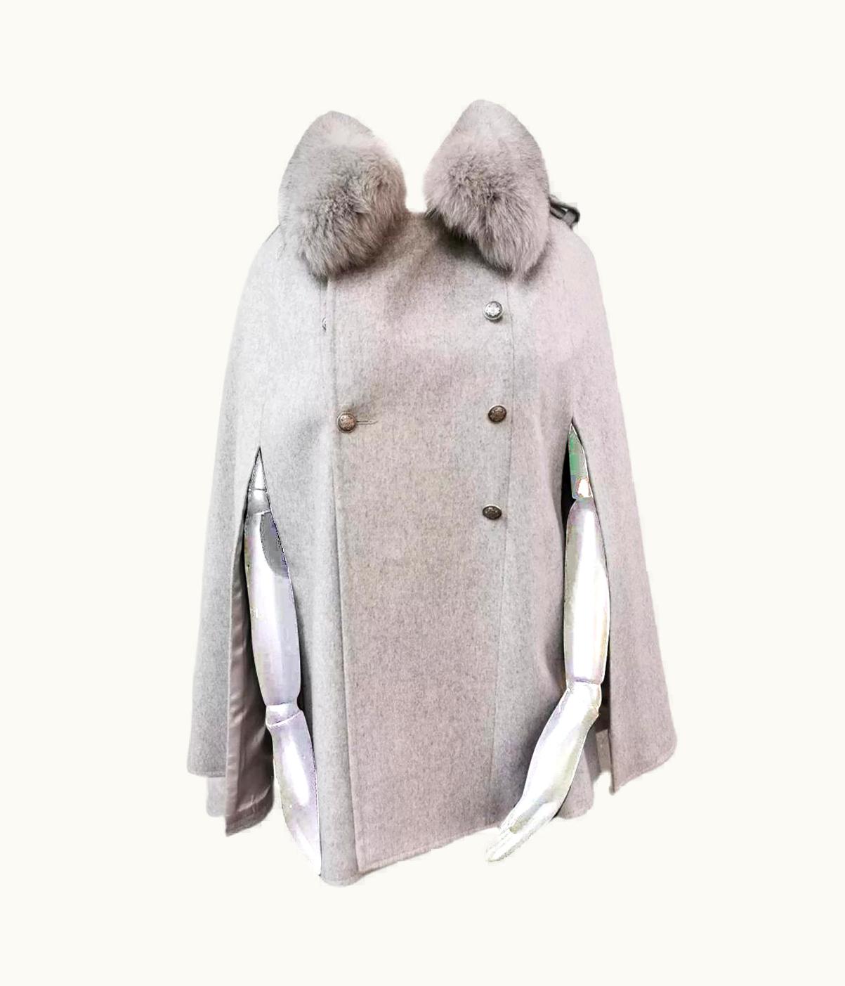Loro Piana Brand Loro Piana Grey Cape With Fox Fur Trim