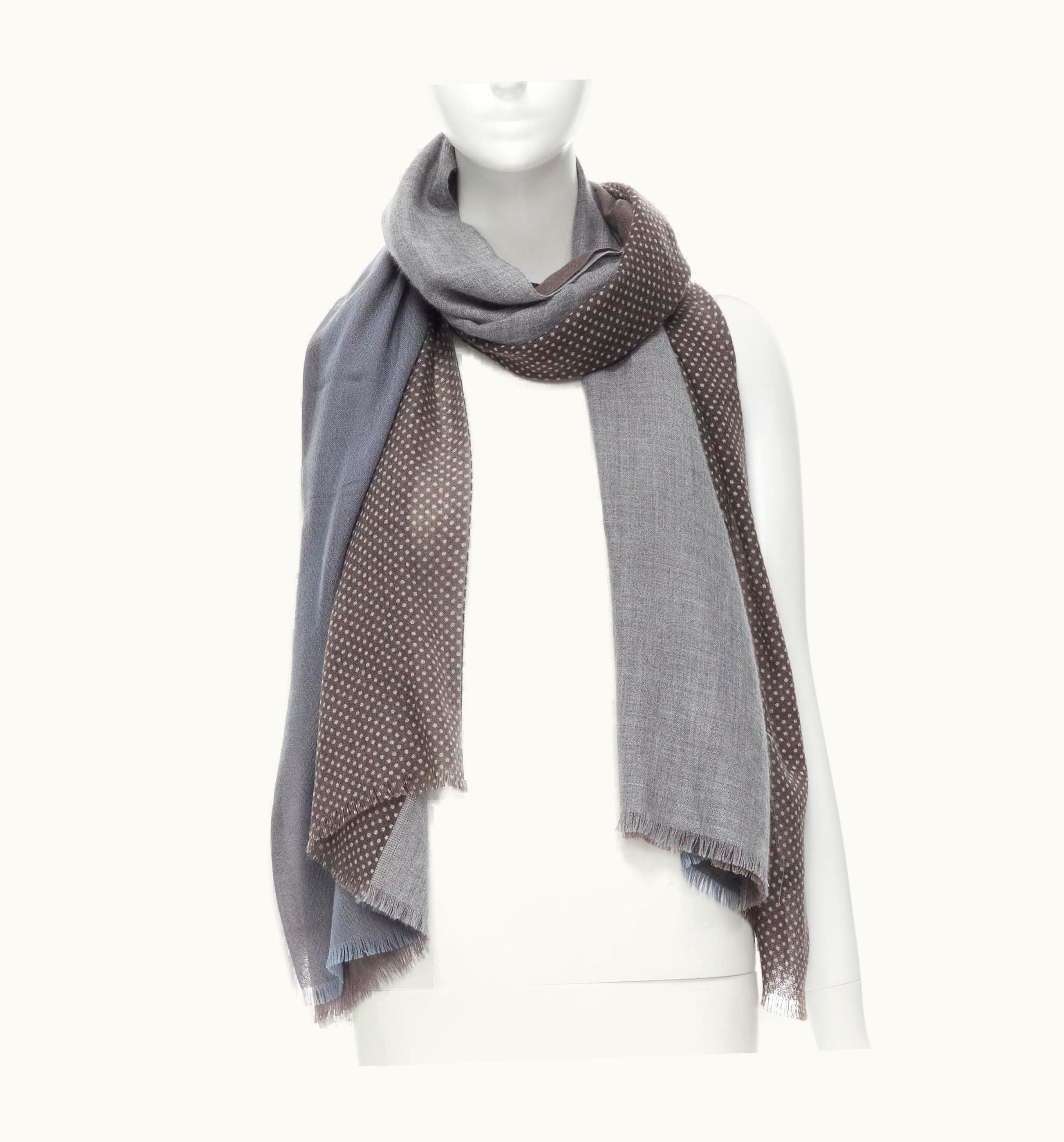 Loro Piana Loro Piana Brown Grey Color Block Polka Dot Frayed Hem Scarf
