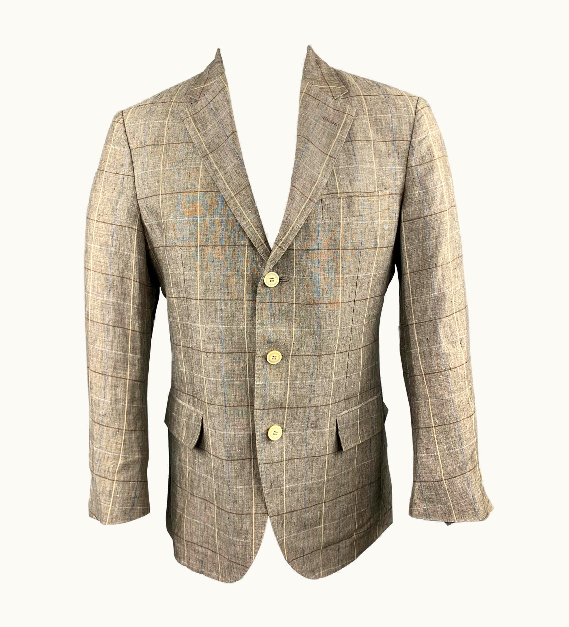 Loro Piana Loro Piana Taupe Window Pane Linen Notch Lapel Sport Coat