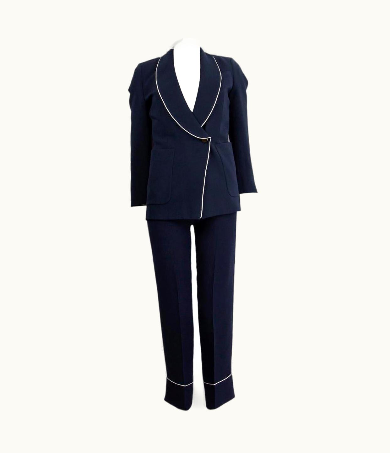 Loro Piana Loro Piana Navy Blue Silk & Wool White Piping Blazer Jacket