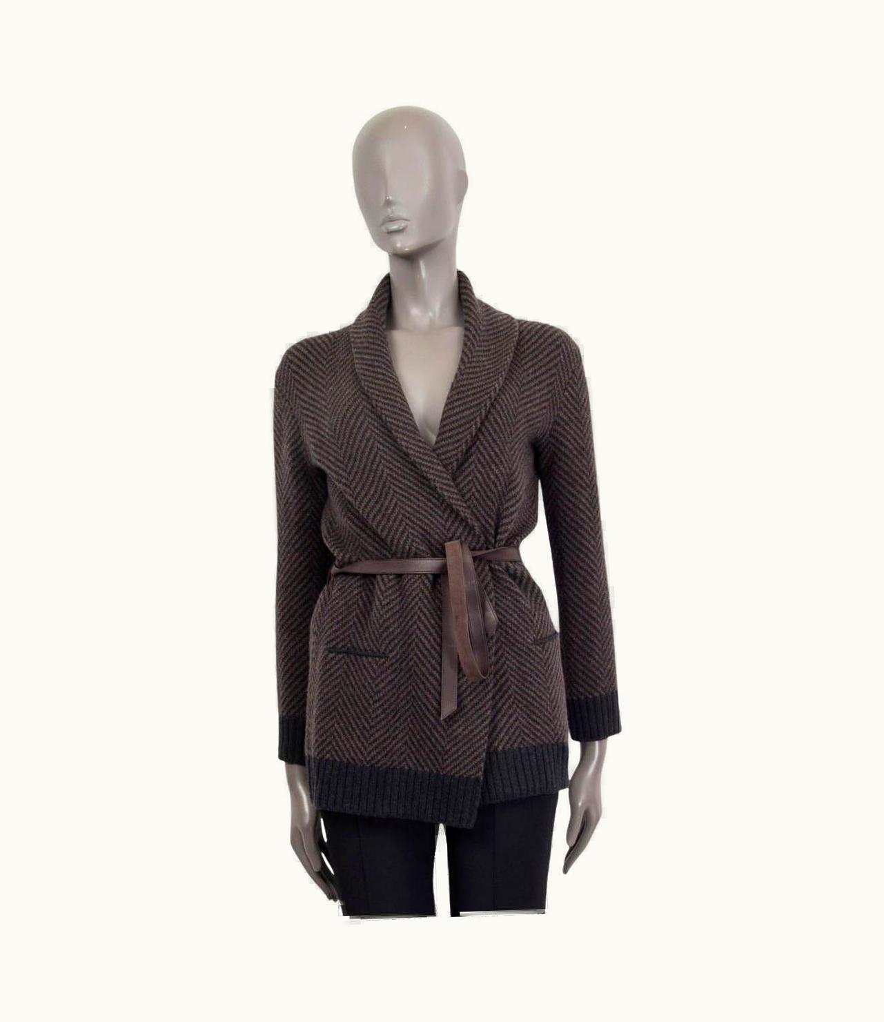 Loro Piana Loro Piana Black & Brown Cashmere Chevron Belted Wrap Cardigan Sweater