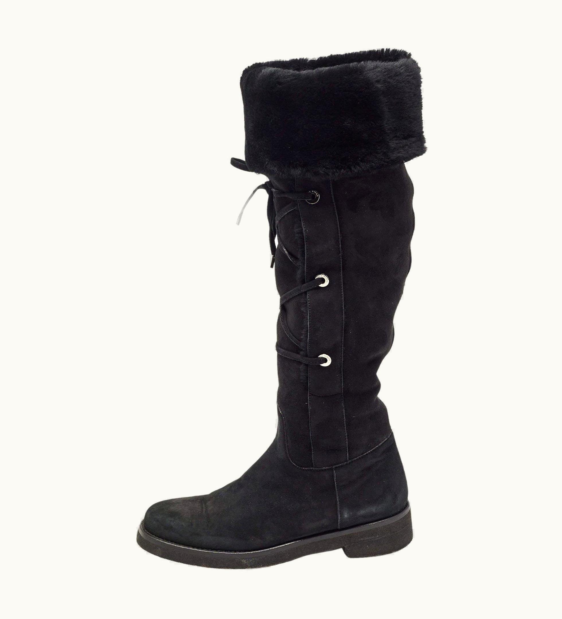 Loro Piana Loro Piana Black Suede And Fur Knee Length Flat Boots