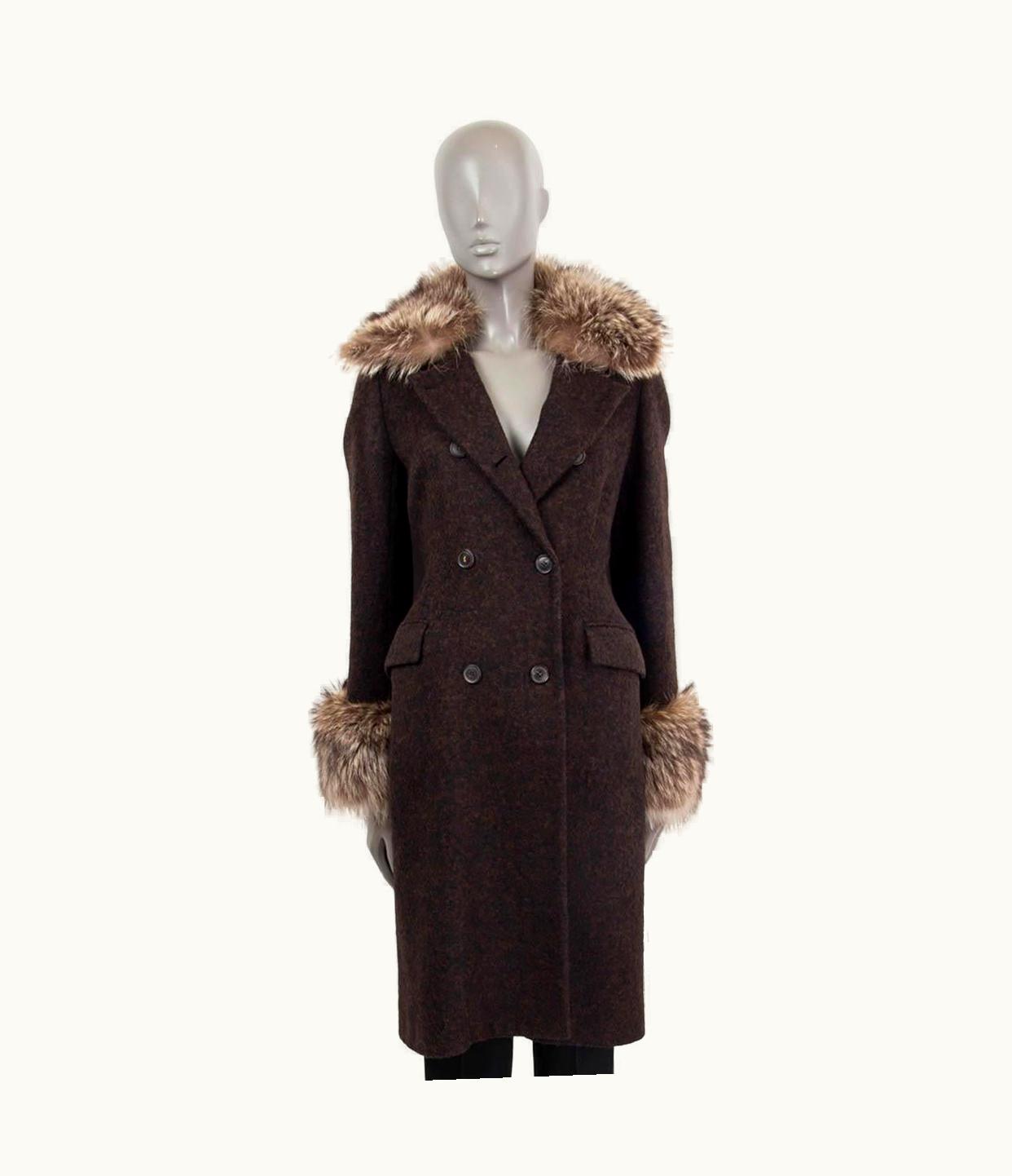 Loro Piana Loro Piana Dark Brown & Black Alpaca Fur Trim Double Breasted Coat Jacket