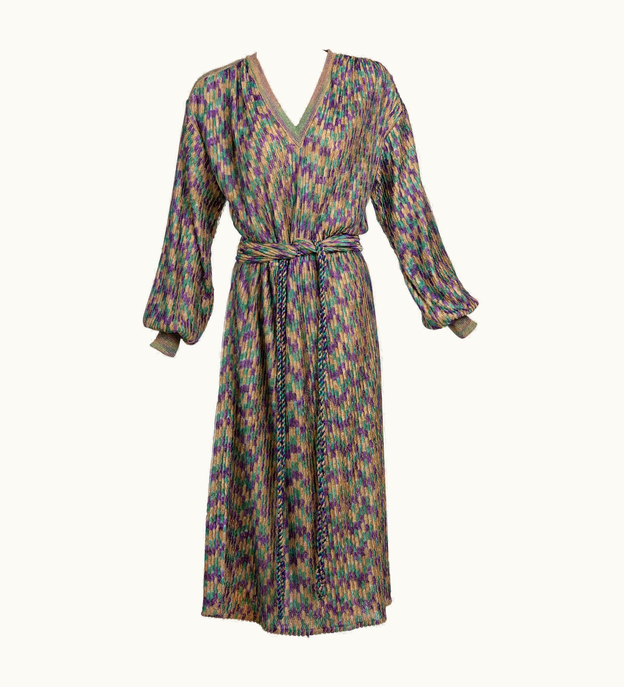 Missoni Missoni Multicolored Jewel Tone Metallic Knit Belted Dress, 1970s