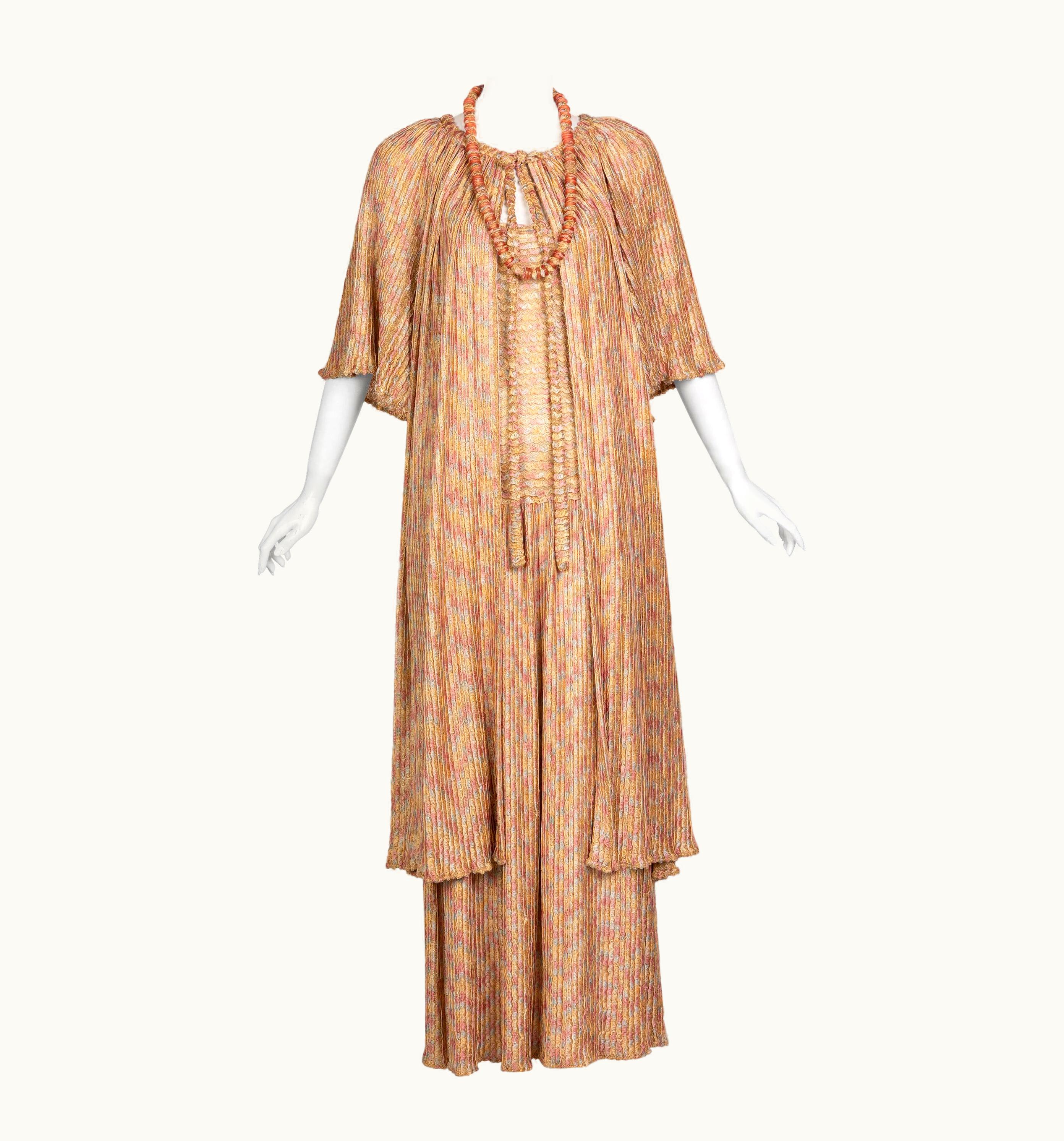 Missoni Missoni Pink Gold Knit Maxi Dress Cardigan Necklace Beret Set, 1970s