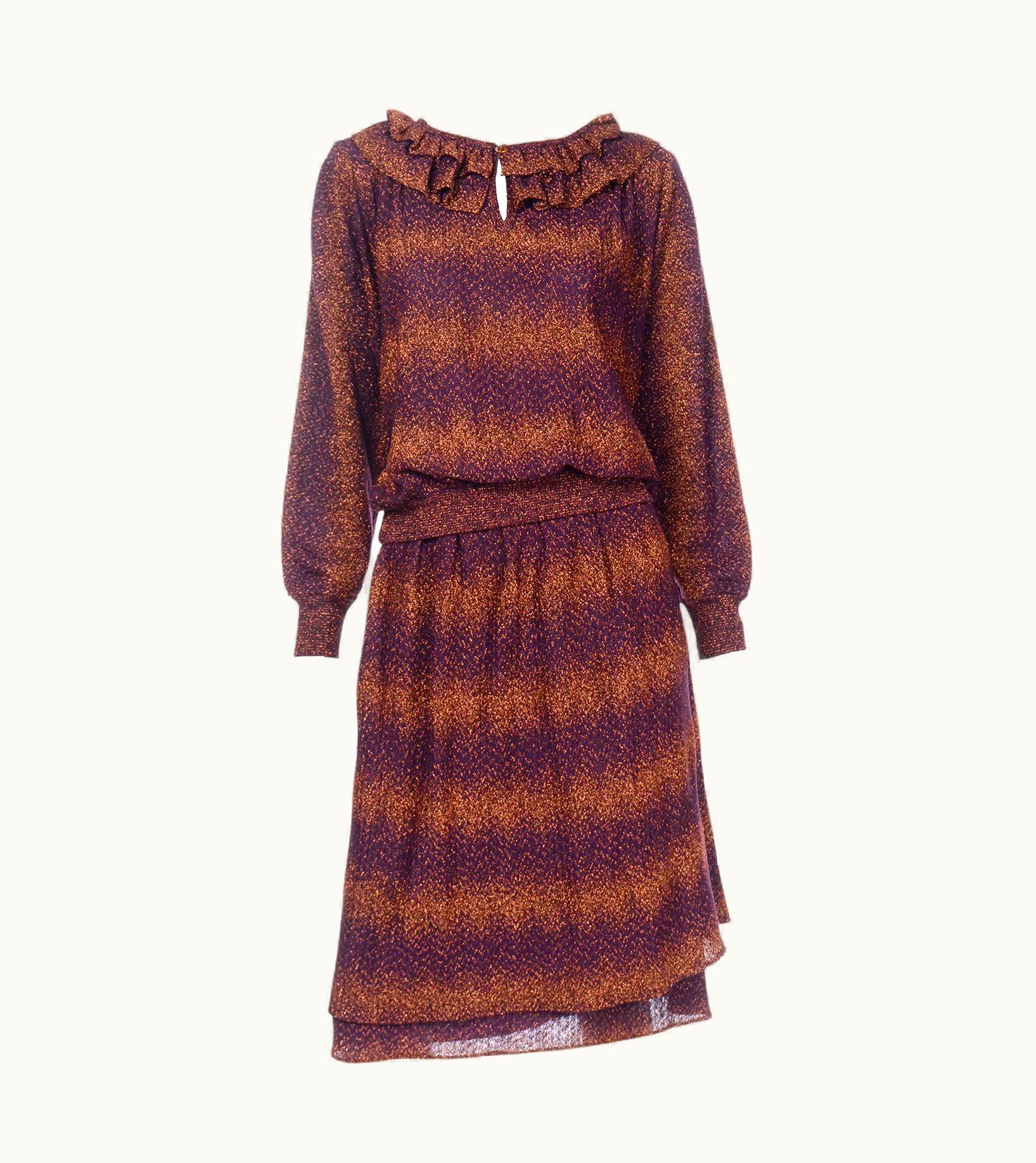 Missoni Vintage Missoni 2pc Dress Purple & Copper Metallic Ruffled Top & Tiered Skirt
