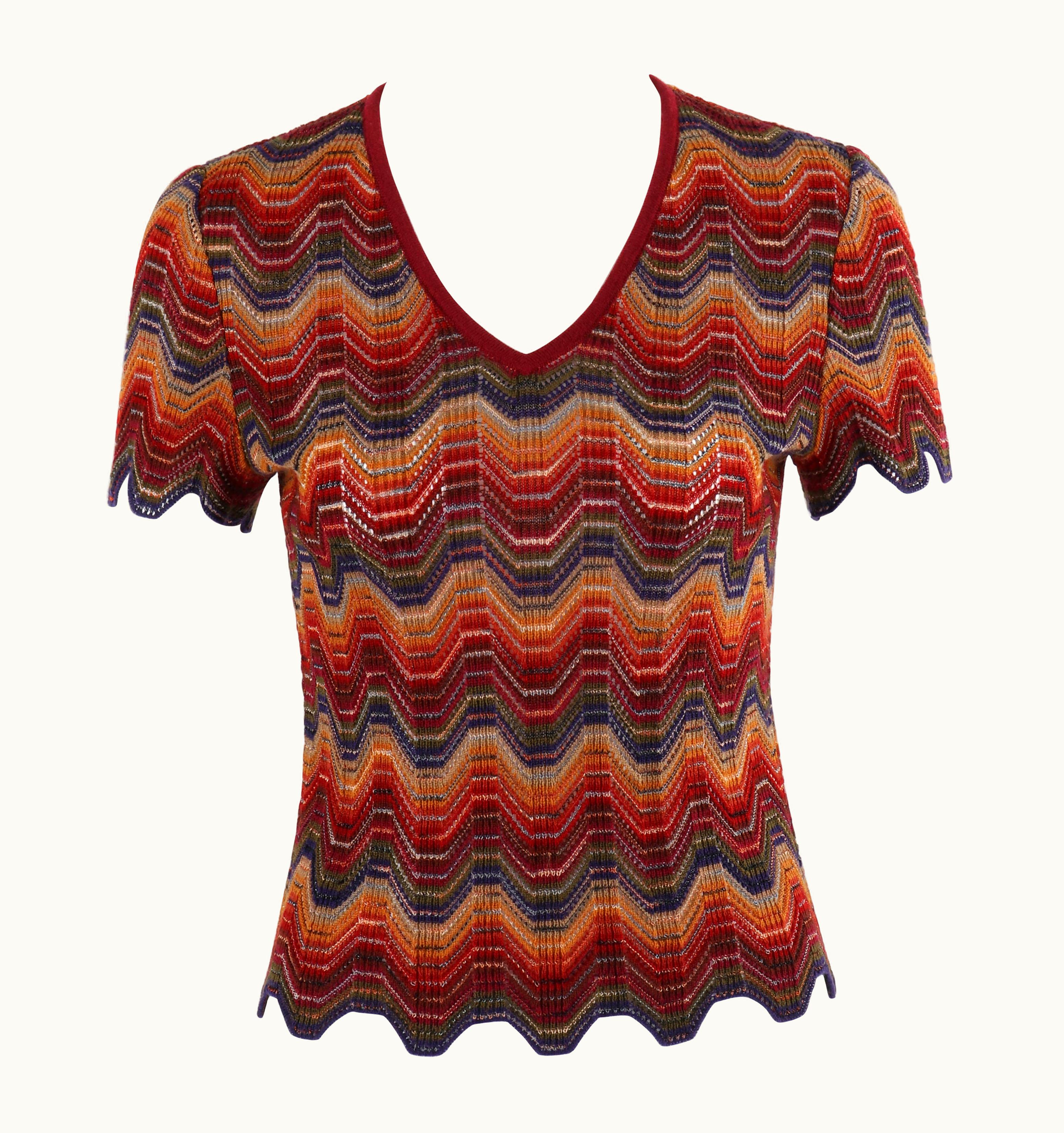 Missoni Missoni C.1970s Multicolor Wool Stretch Knit Striped V-Neck Short Sleeve Top