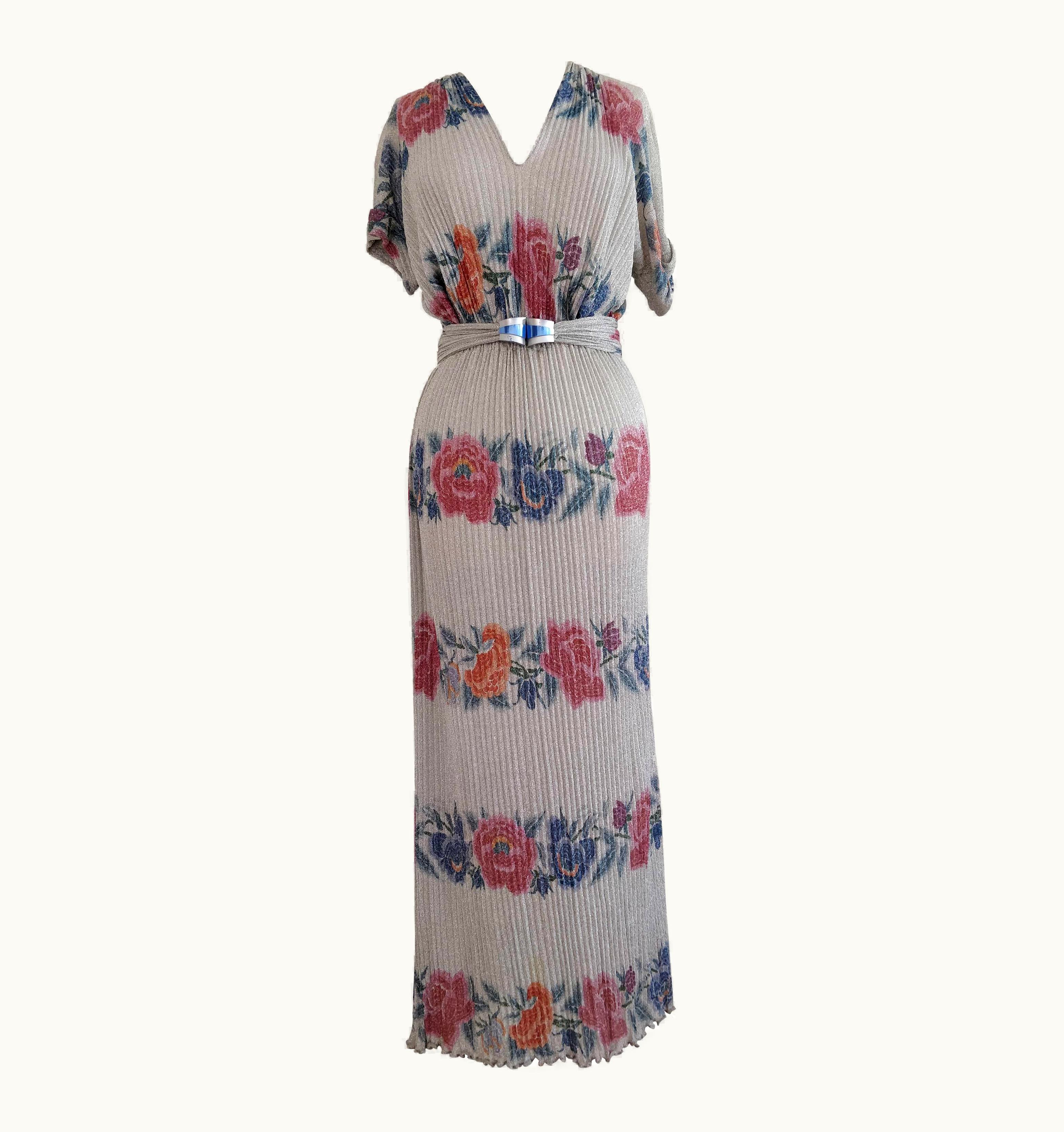 Missoni 1970s Missoni Silver Lame And Floral Banded Rib-Knit Maxi Dress