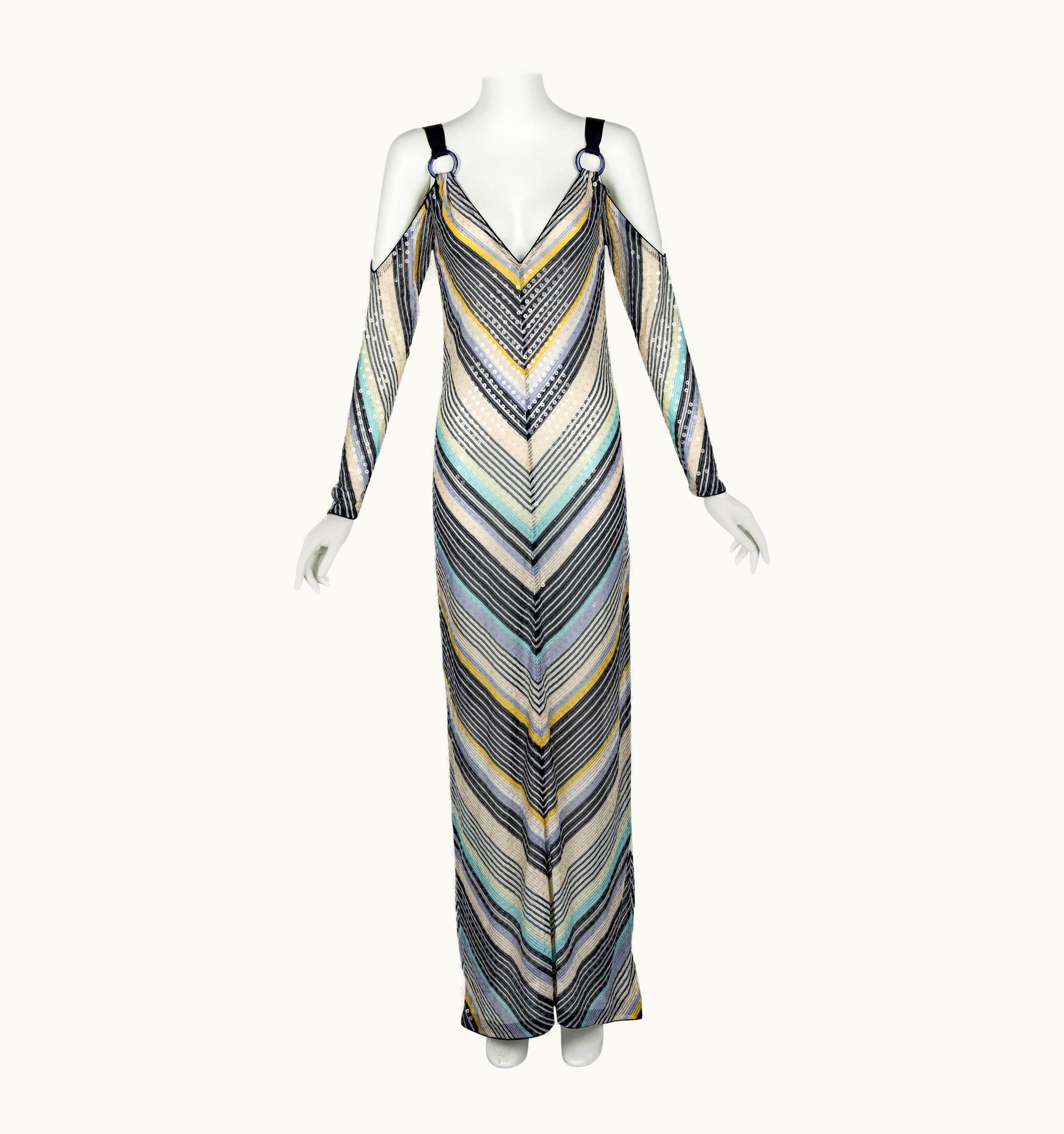 Missoni Missoni Vintage Sequin Chevron Open Shoulder Maxi Dress