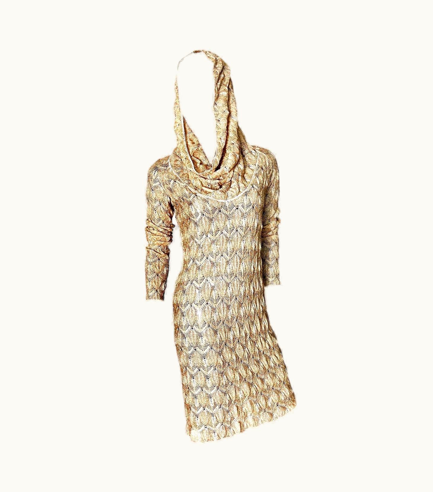Missoni Missoni Gold Metallic Crochet Knit Hooded Shawl Dress