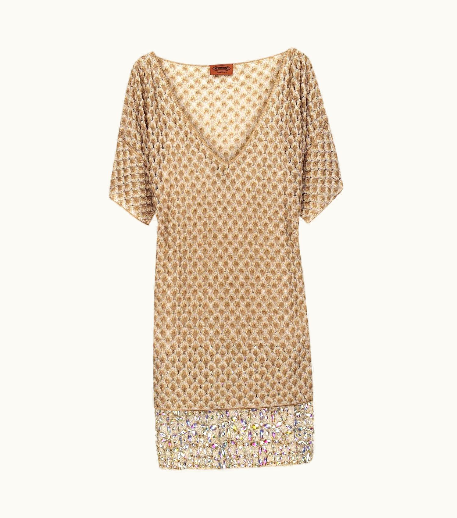 Missoni Missoni Gold Metallic Crochet Knit Beaded Crystal Dress UZ0615355