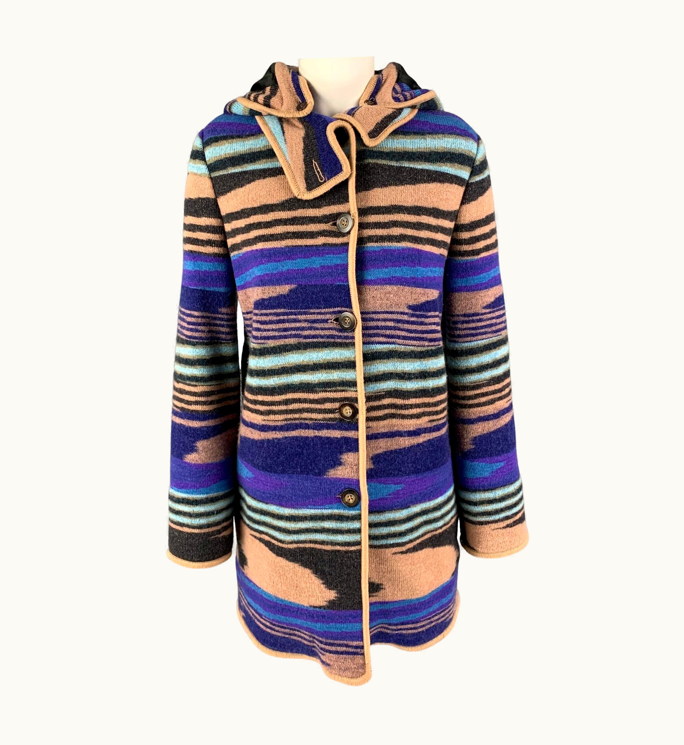 Missoni Missoni Purple Multi-Color Wool Knitted Snaps Coat