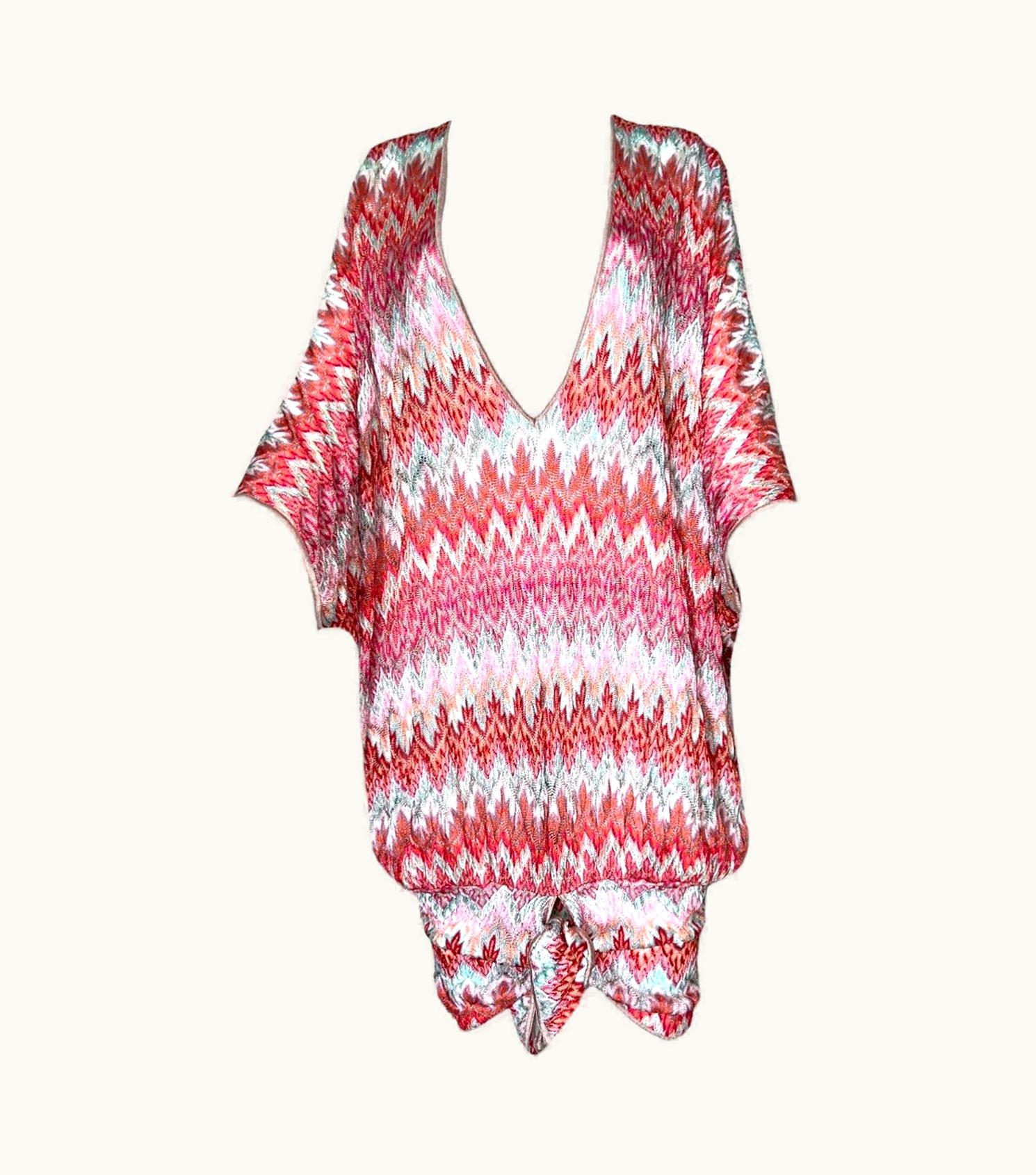 Missoni Unworn Missoni Pink Crochet Knit V-Neck Kaftan Tunic Dress