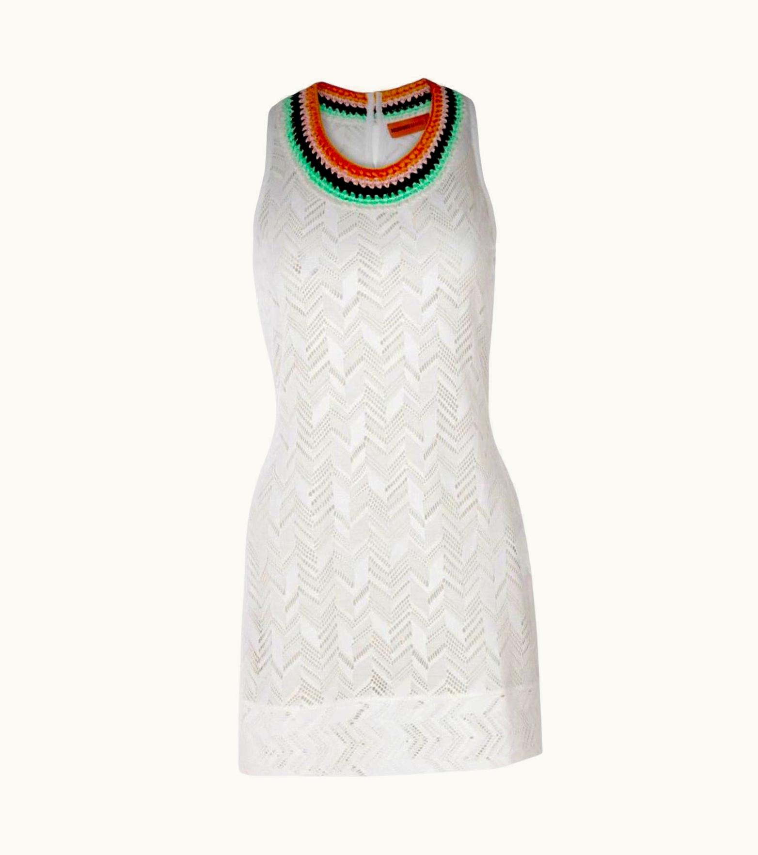 Missoni Missoni White Chevron Crochet Knit Dress With Multicolor Trimmings