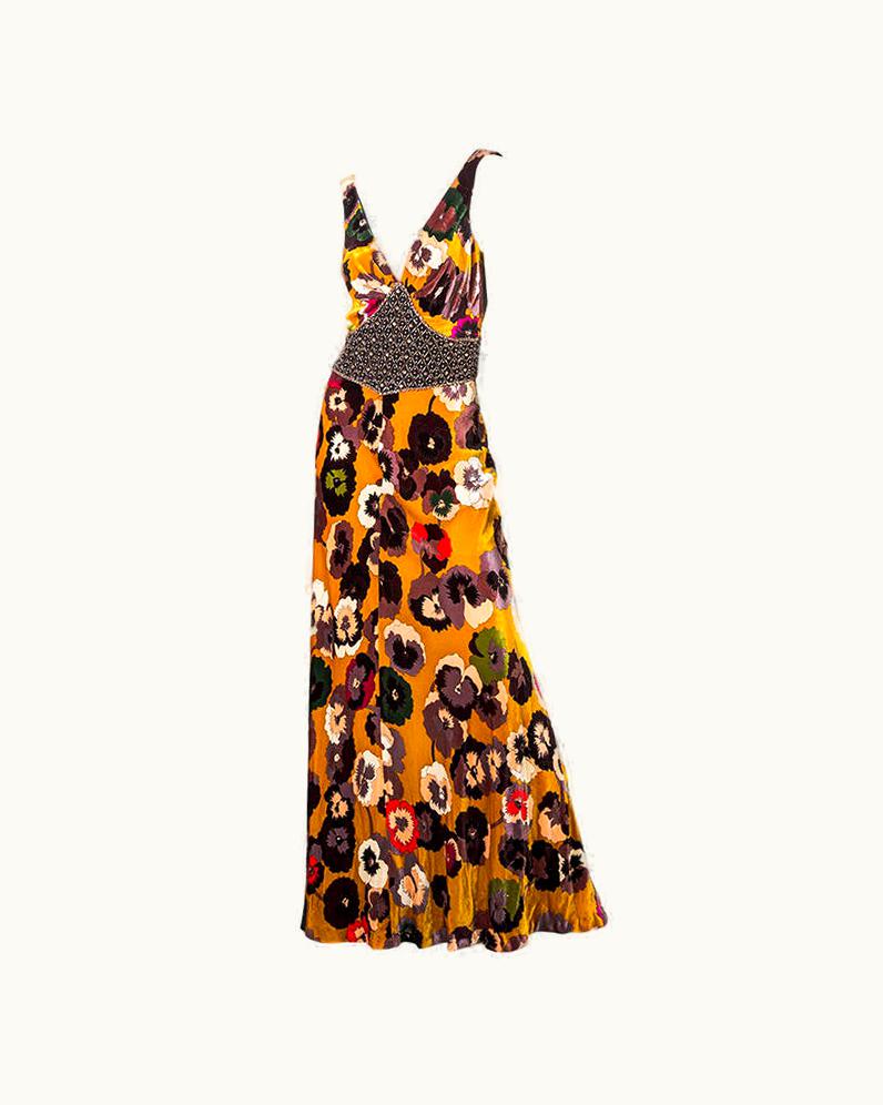 Missoni Missoni Silk Velvet Pansy Print Crystal Waist Embellishment Dress 1930s Style
