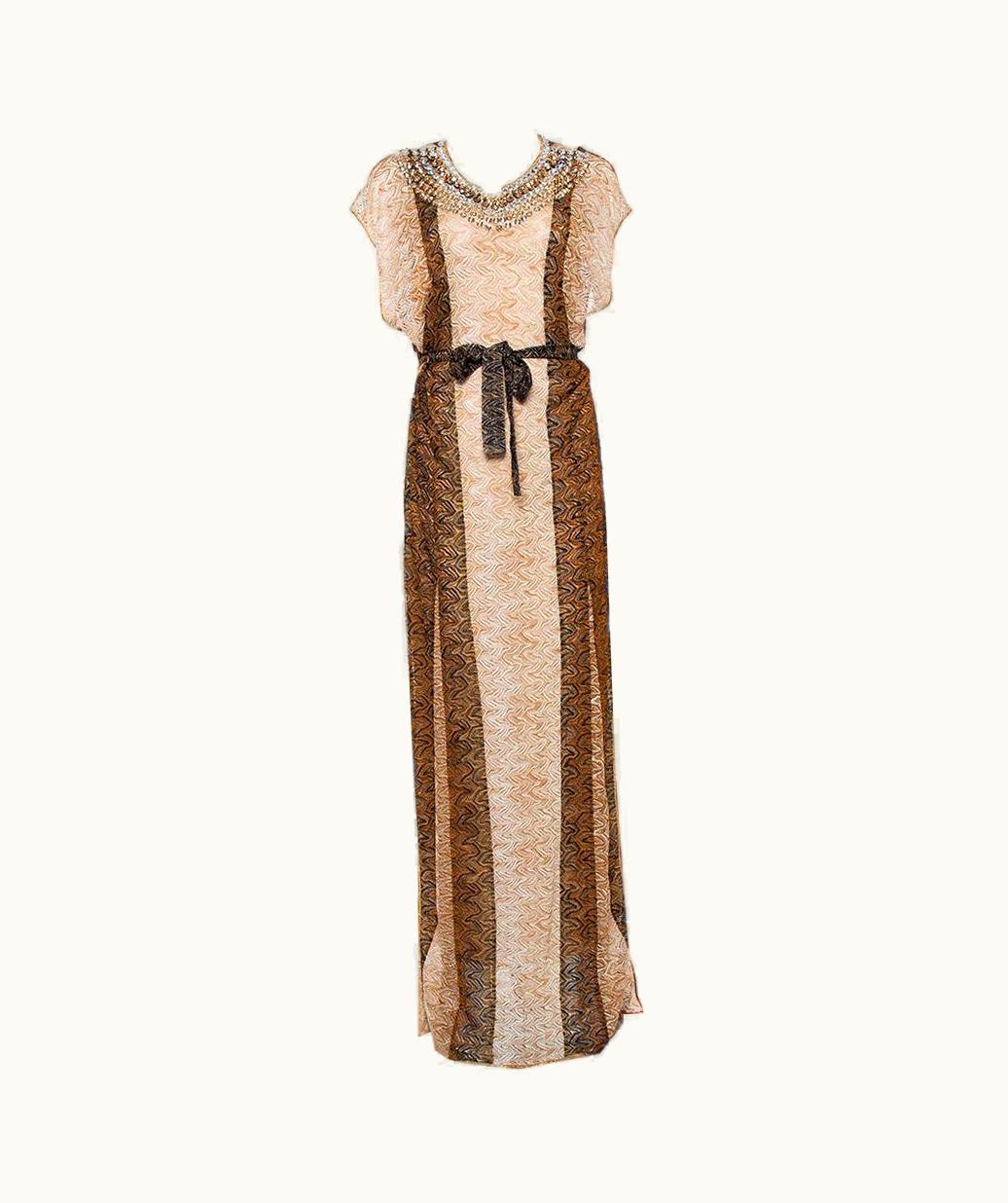 Missoni Missoni Beige Lurex Knit Stone Embellished Sleeveless Belted Maxi Dress