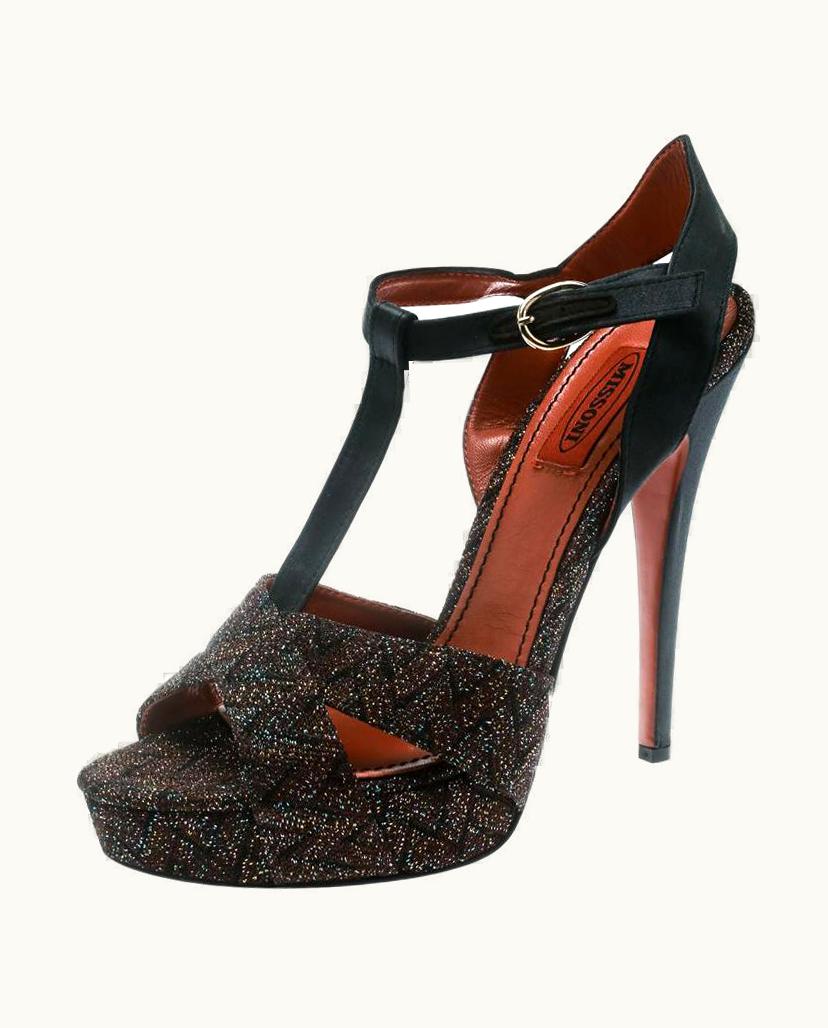 Missoni Missoni Metallic Knit Fabric Glitter T Strap Platform Sandals