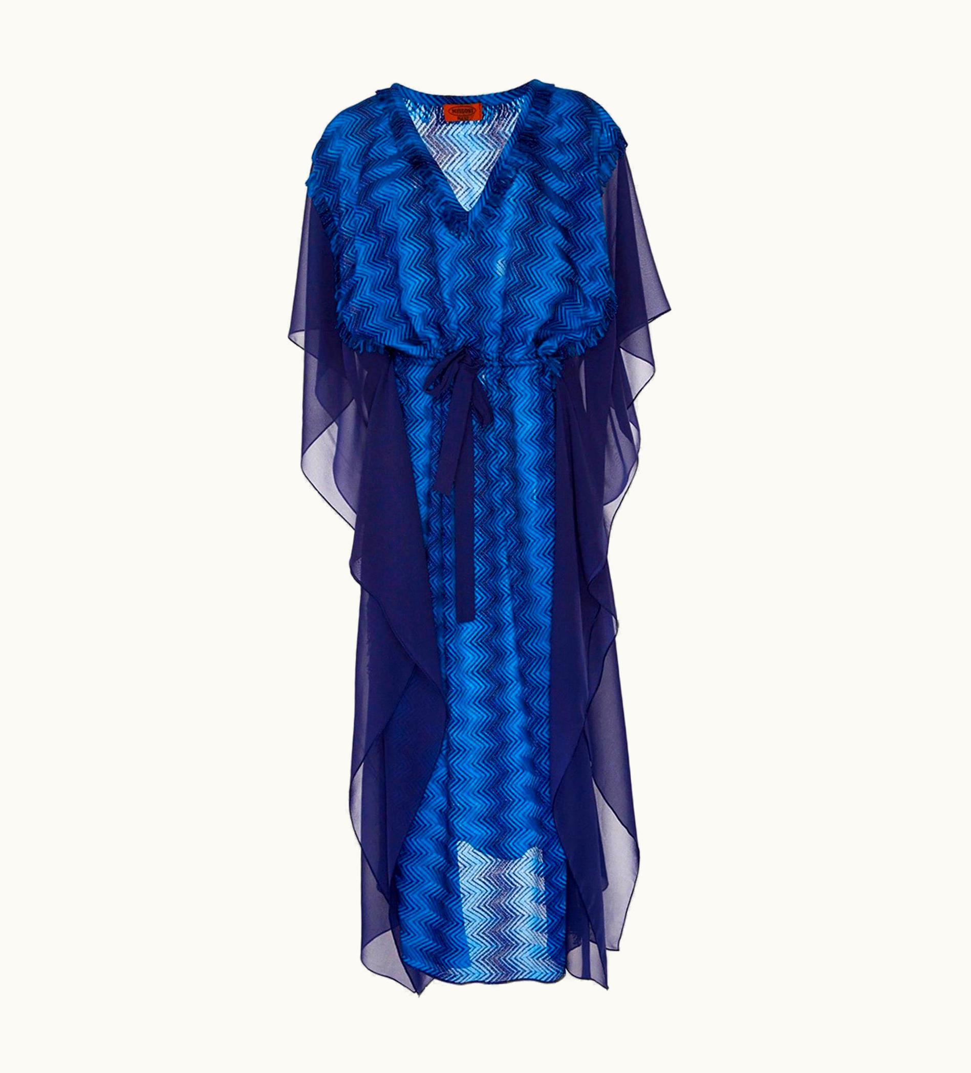 Missoni Missoni Metallic Blue Siganature Chevron Crochet Knit Kaftan Maxi Dress