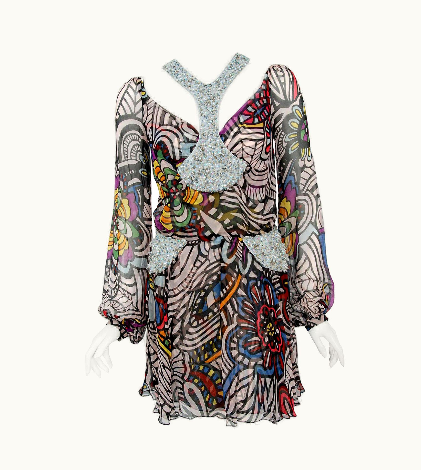 Missoni Vintage Missoni Psychedelic Silk Chiffon Beaded Cut Out Mini Dress WS/S Tags