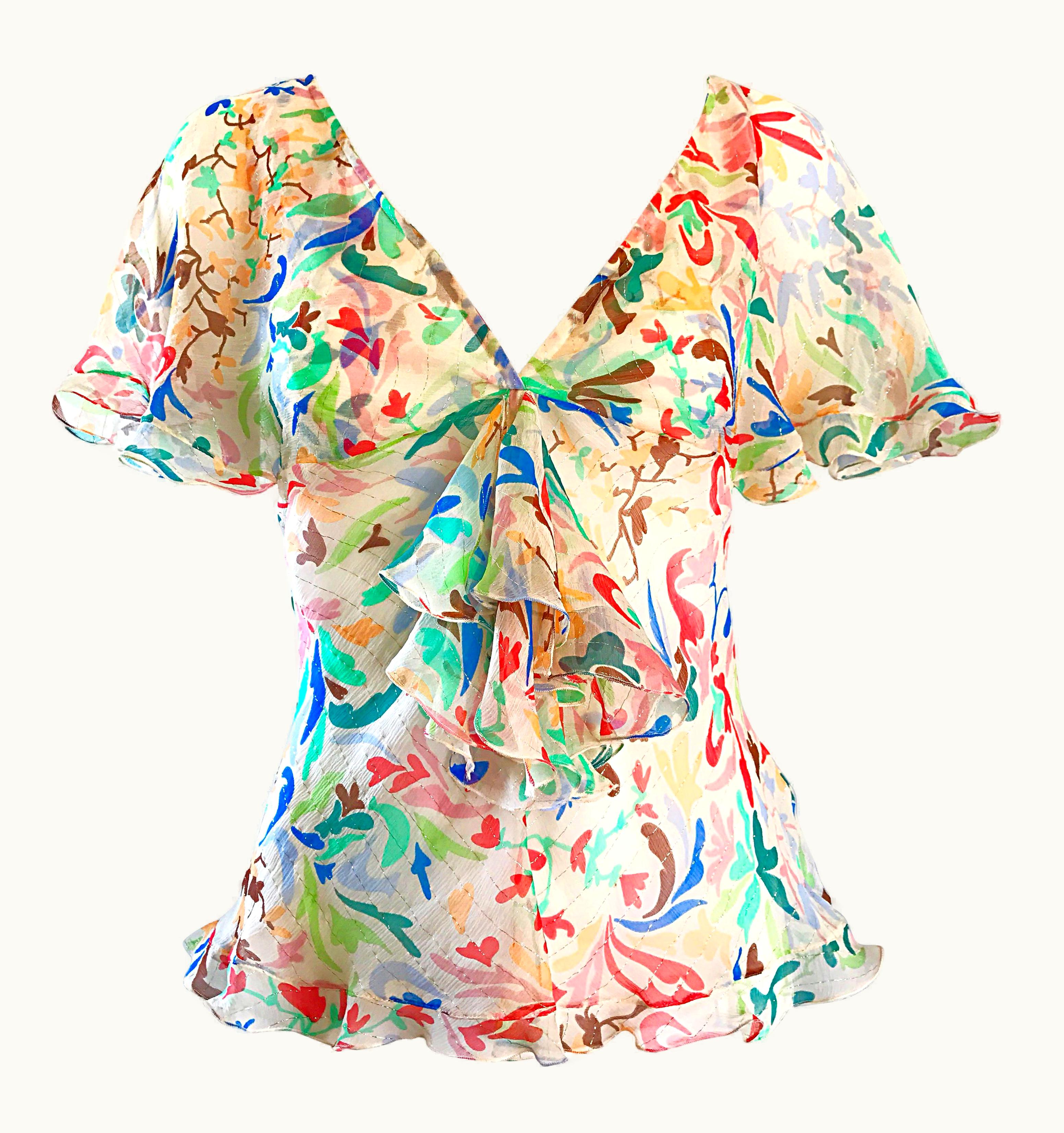 Missoni 1990s Missoni Vintage Silk Chiffon Swirl Heart Print Flutter Ruffle Blouse Top