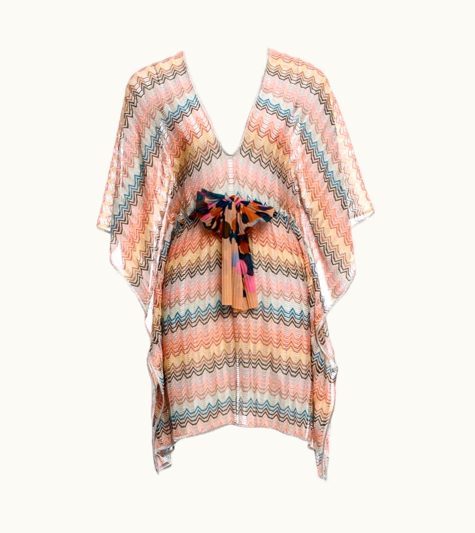 Missoni Missoni Multicolor Silver Metallic Lurex Crochet Knit Kaftan Tunic Dress